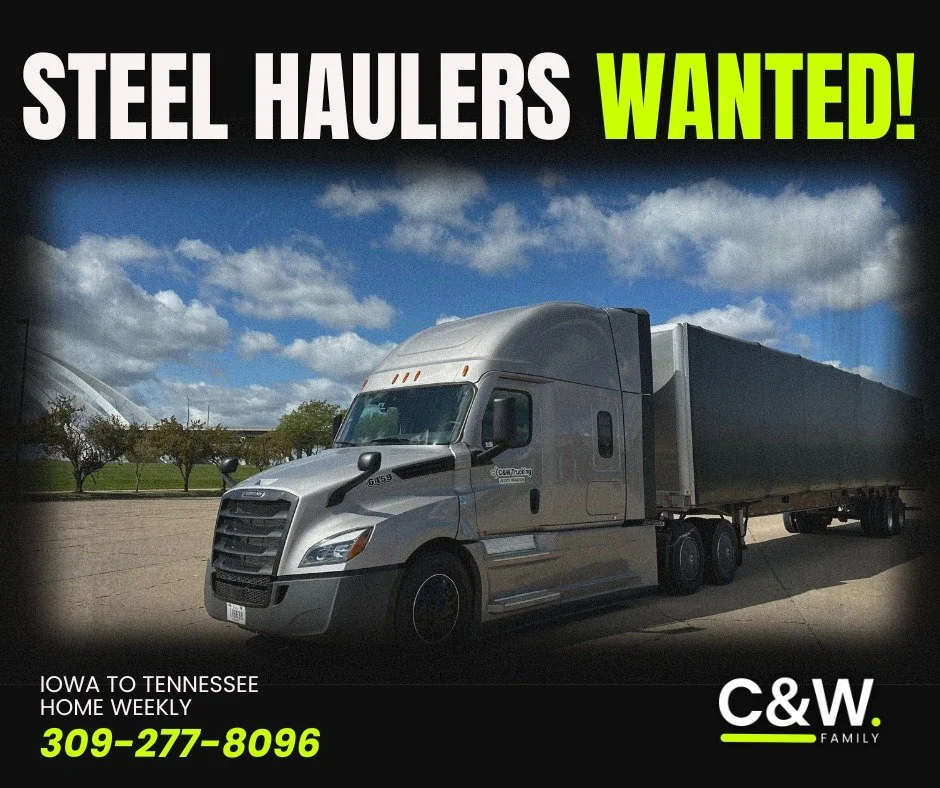 Steel haulers wanted! Hit the road with C&W Trucking!
👉 Please apply at: https://intelliapp.driverapponline.com/c/cwtrucking
📞 Or call Amanda at 309-277-8096 for more details
We're looking for reliable drivers to run lanes from Iowa to Tenness