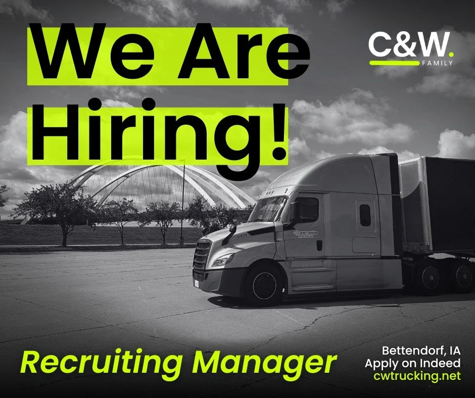 🚛 We're hiring a Recruiting Manager! 🎉

Join the C&amp;W Trucking team in Bettendorf and help us connect with amazing drivers! You'll develop recruiting strategies to build our driver family and make a real impact in the trucking industry.

Got rec