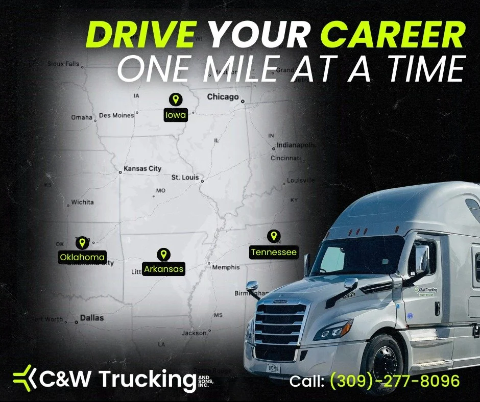 Competitive pay, modern fleet, and the home time &amp; benefits you deserve. Build your career with C&amp;W Trucking!
👉 Please apply at: https://intelliapp.driverapponline.com/c/cwtrucking
📞 Or call us at 309-277-8096 for more details

DETAILS 👇
W