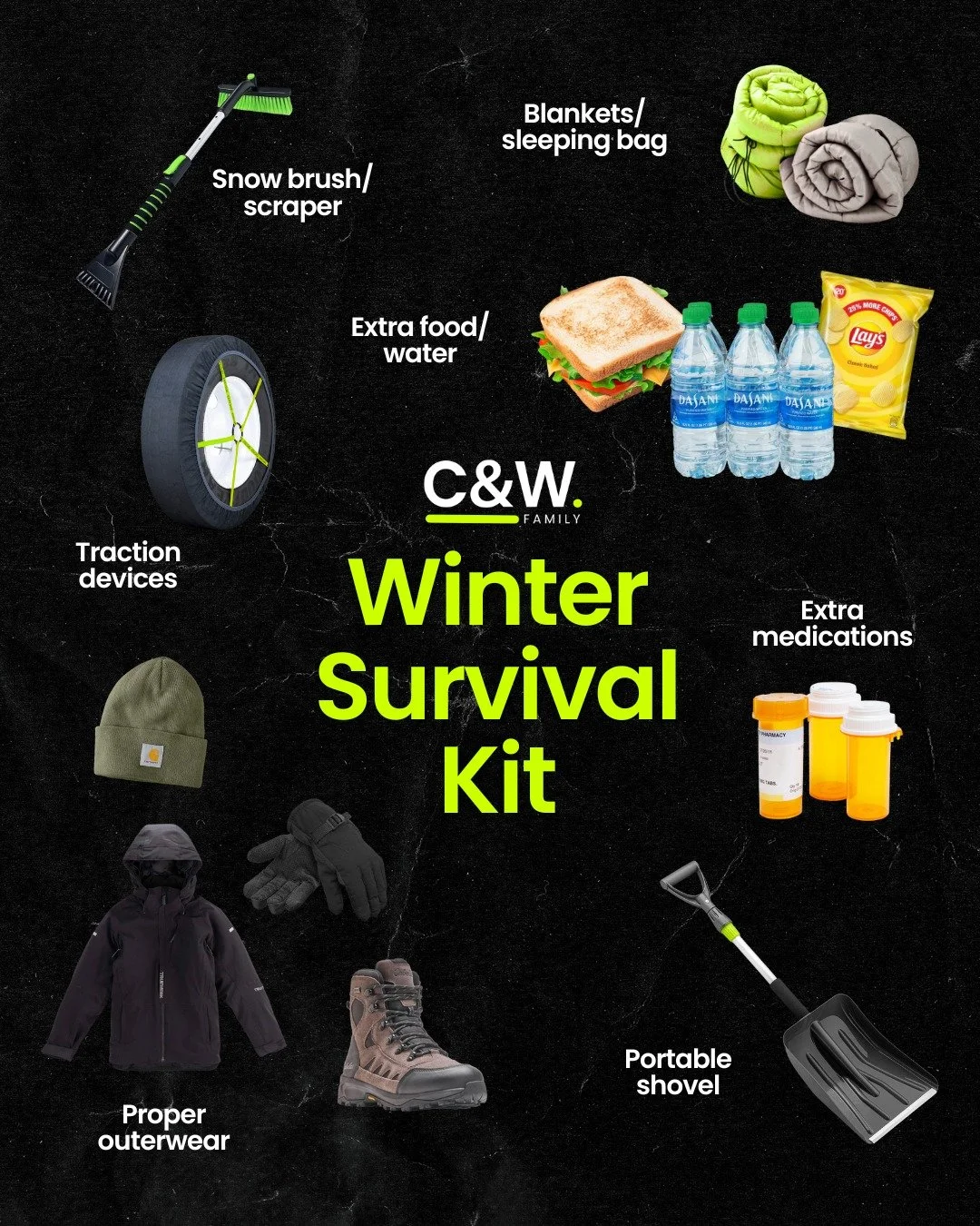 ❄️ Winter weather is intensifying, and it is no joke out on the road! In addition to your normal safety equipment, keep these items on hand while you're out driving in wintery conditions. What else would you add to your winter survival kit? Drop your