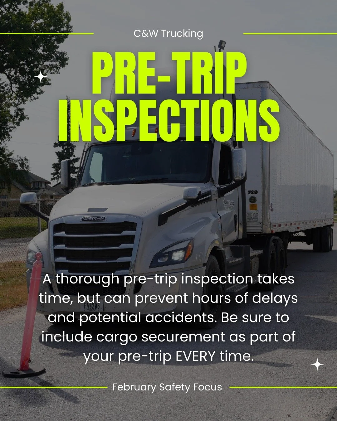 ⏱️ Pre-trip inspections take time, but they can save you from hours of delays and serious accidents down the road. Don't skip the essentials: always include cargo securement in your pre-trip checklist. Every. Single. Time. ✅
#TruckingSafety #CWTrucki