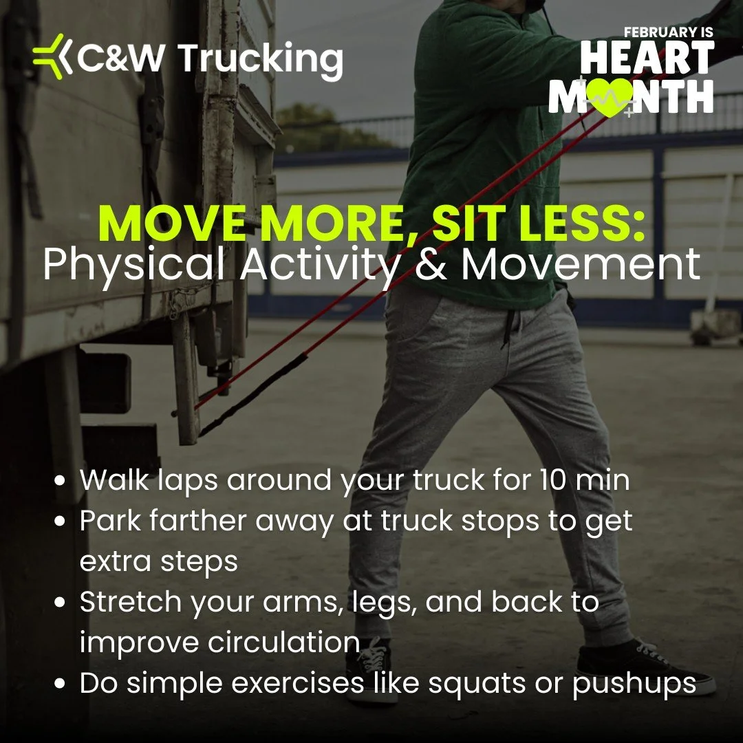 Sitting for long hours behind the wheel is tough on your heart. But even small bursts of movement can make a BIG difference! 💪 Try these tips during your next break:
🚶 Walk laps around your truck (aim for 10 minutes)
🅿️ Park farther away at truck 
