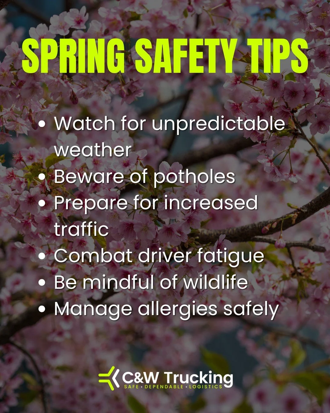 Winter is in the rearview! 🌸 As spring arrives, truckers face new challenges on the road. Here are essential safety tips to keep you safe this season:

&bull; Watch for unpredictable weather: Spring brings sudden rain showers, fog, and even late-sea