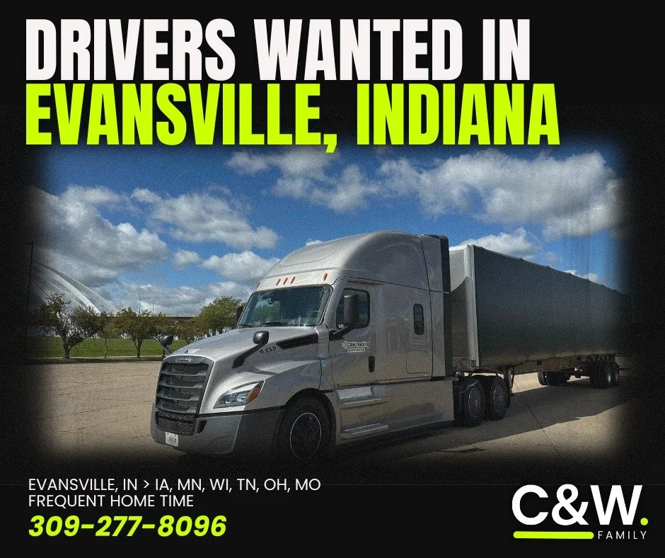 Looking for freight in Evansville, Indiana? Look no further than C&amp;W Trucking!
👉 Apply today at: https://intelliapp.driverapponline.com/c/cwtrucking
📞 Or call us at 309-277-8096 for more info

We're looking for reliable conestoga drivers to run
