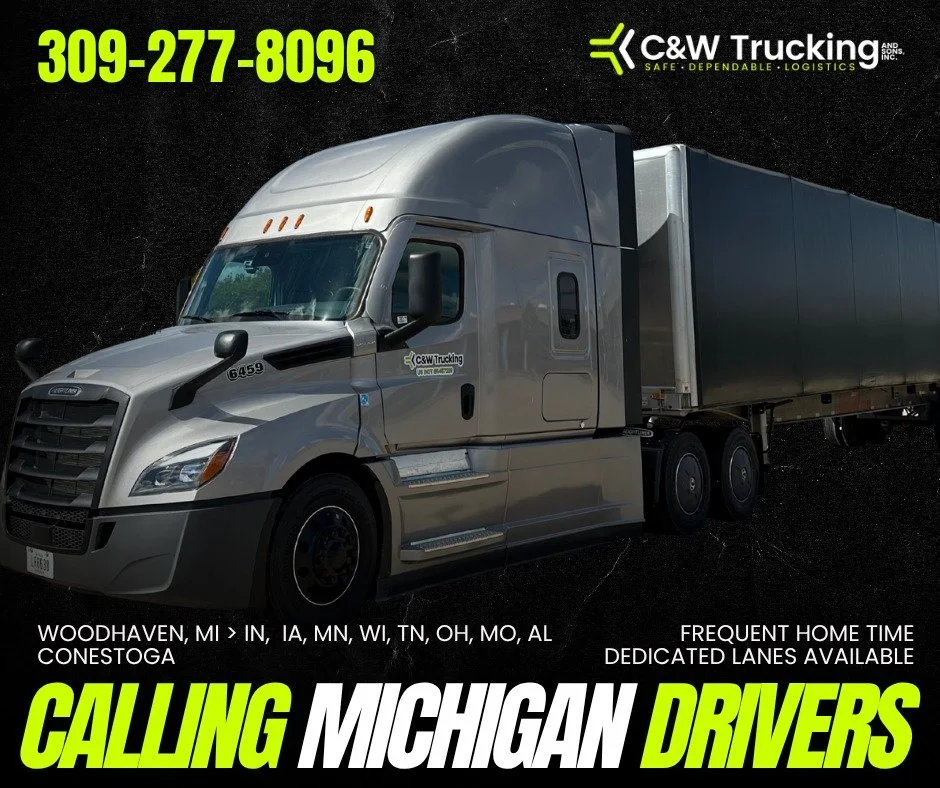 Attention Michigan area drivers: are you looking for freight in Woodhaven, Michigan? Look no further than C&amp;W Trucking!
👉 Apply today at: https://intelliapp.driverapponline.com/c/cwtrucking
📞 Or call us at 309-277-8096 for more info

We're hiri