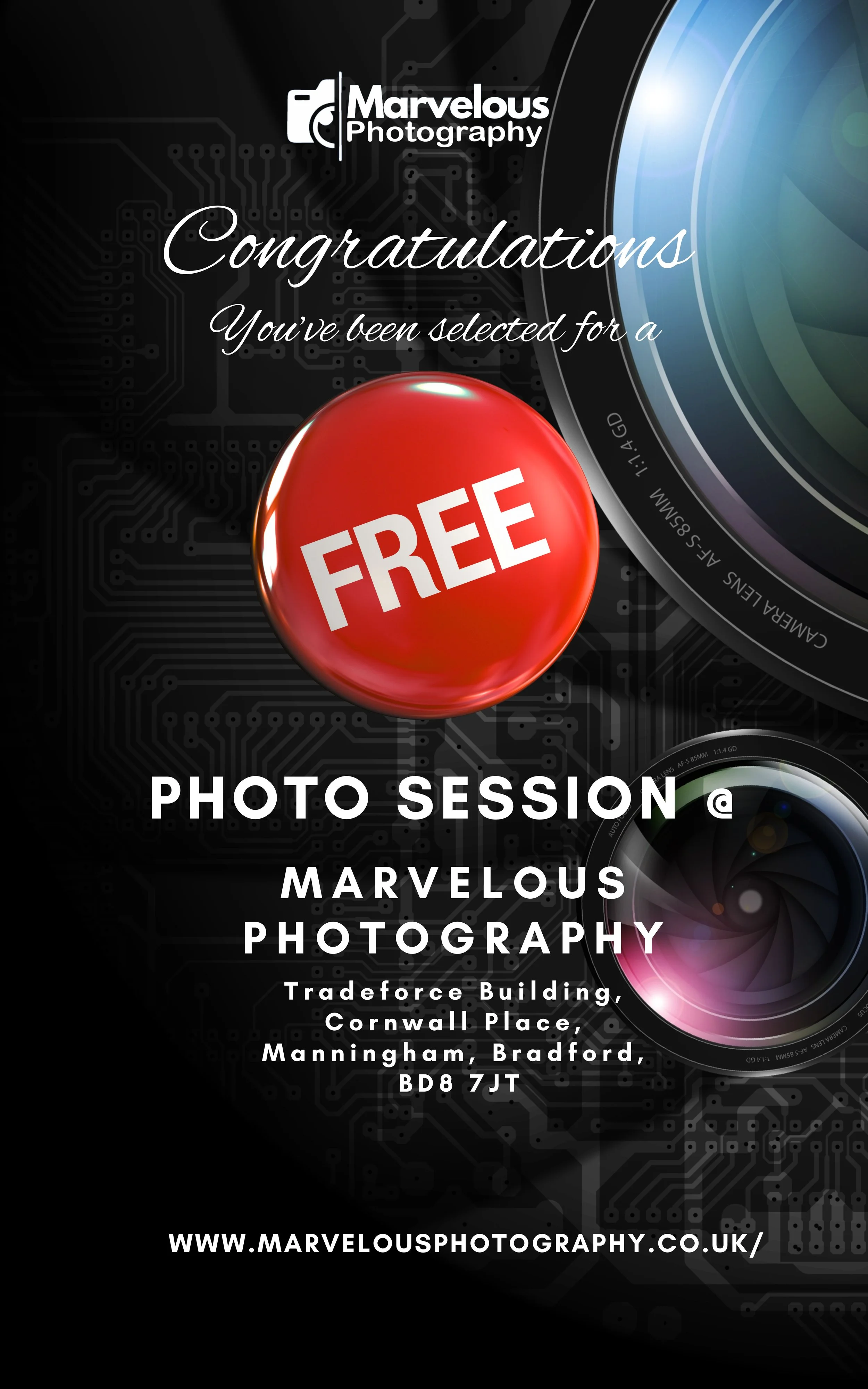 A promotional poster for Marvelous Photography announcing a free photo session at their Cornwall Place location, featuring camera lenses, a circuit board background, and a large red sphere with the word "FREE". The poster also includes their website,