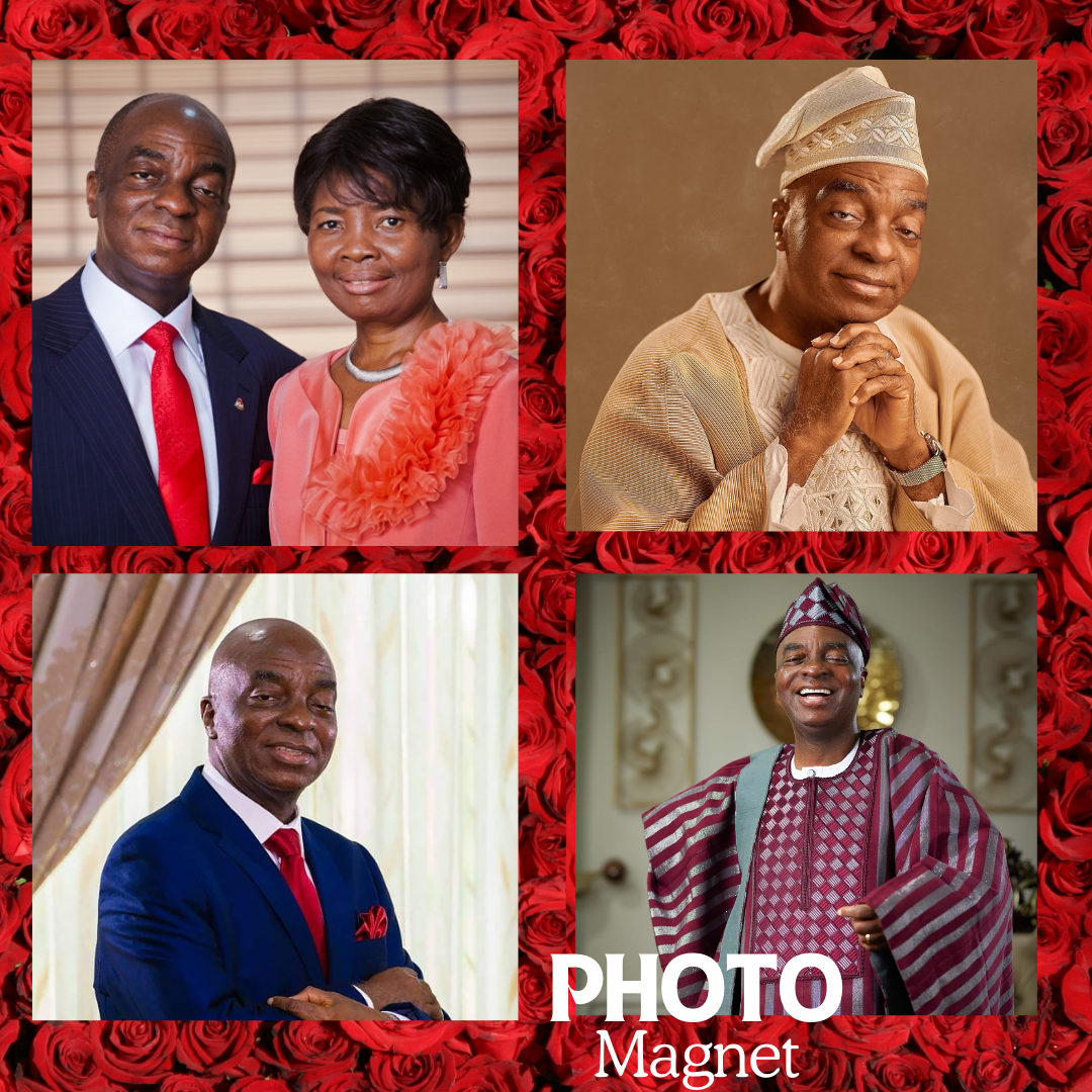 A collage of four South African political leaders, each wearing traditional or Western attire, framed by a rose border. The top left shows a man and woman standing together, the man in a suit and the woman in a peach dress. The top right features a m