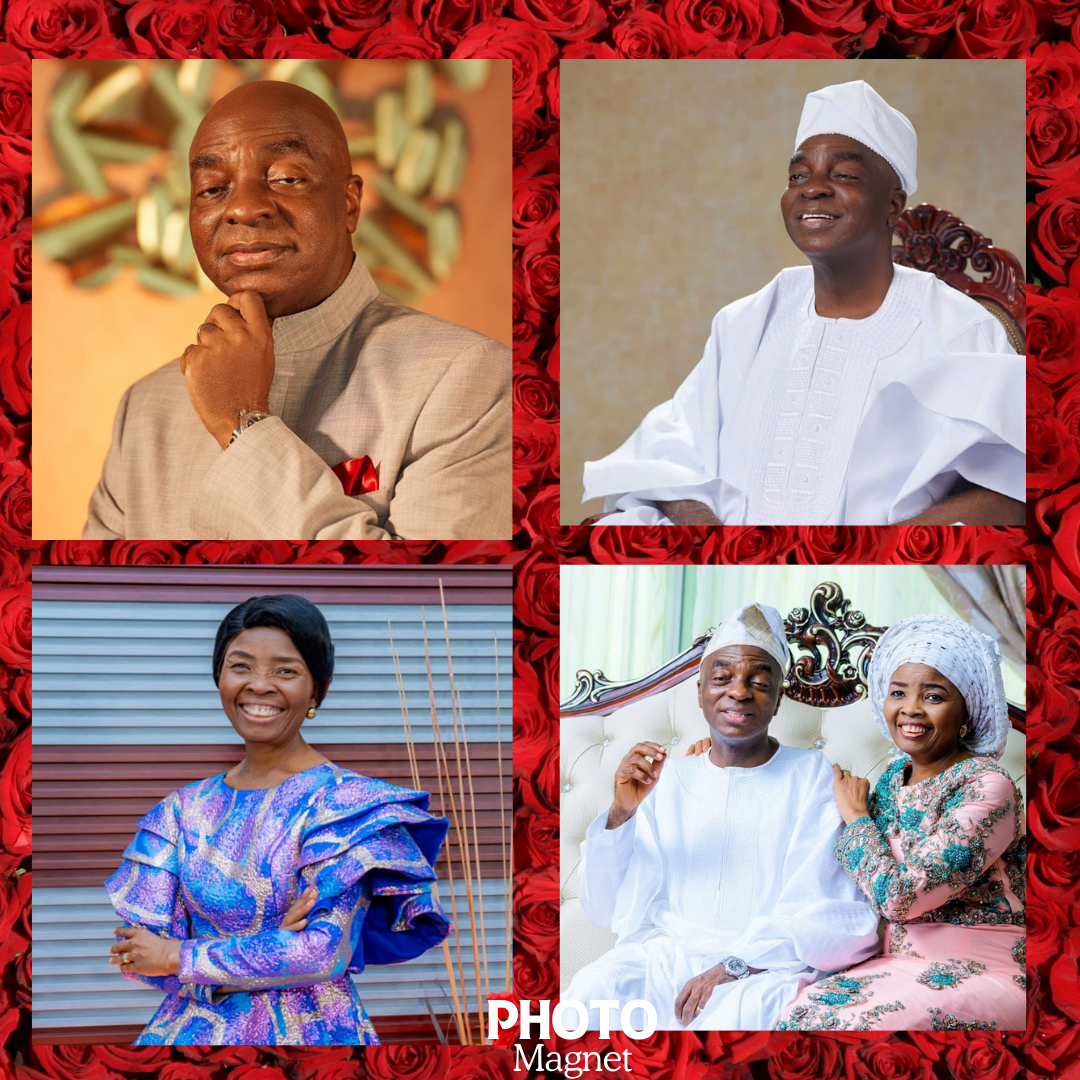 Collage of four portrait photos of Nigerian individuals dressed in traditional and formal attire, arranged on a red rose-patterned background.
