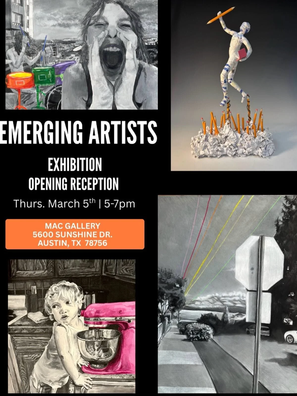 Please join us for our Emerging Artists Art Exhibit Opening March 5, Thursday from 5:00-7:00pm in the MAC Gallery.
Our first-year visual arts majors will be showcasing a wide variety of artwork created throughout the year.

To make the evening a litt