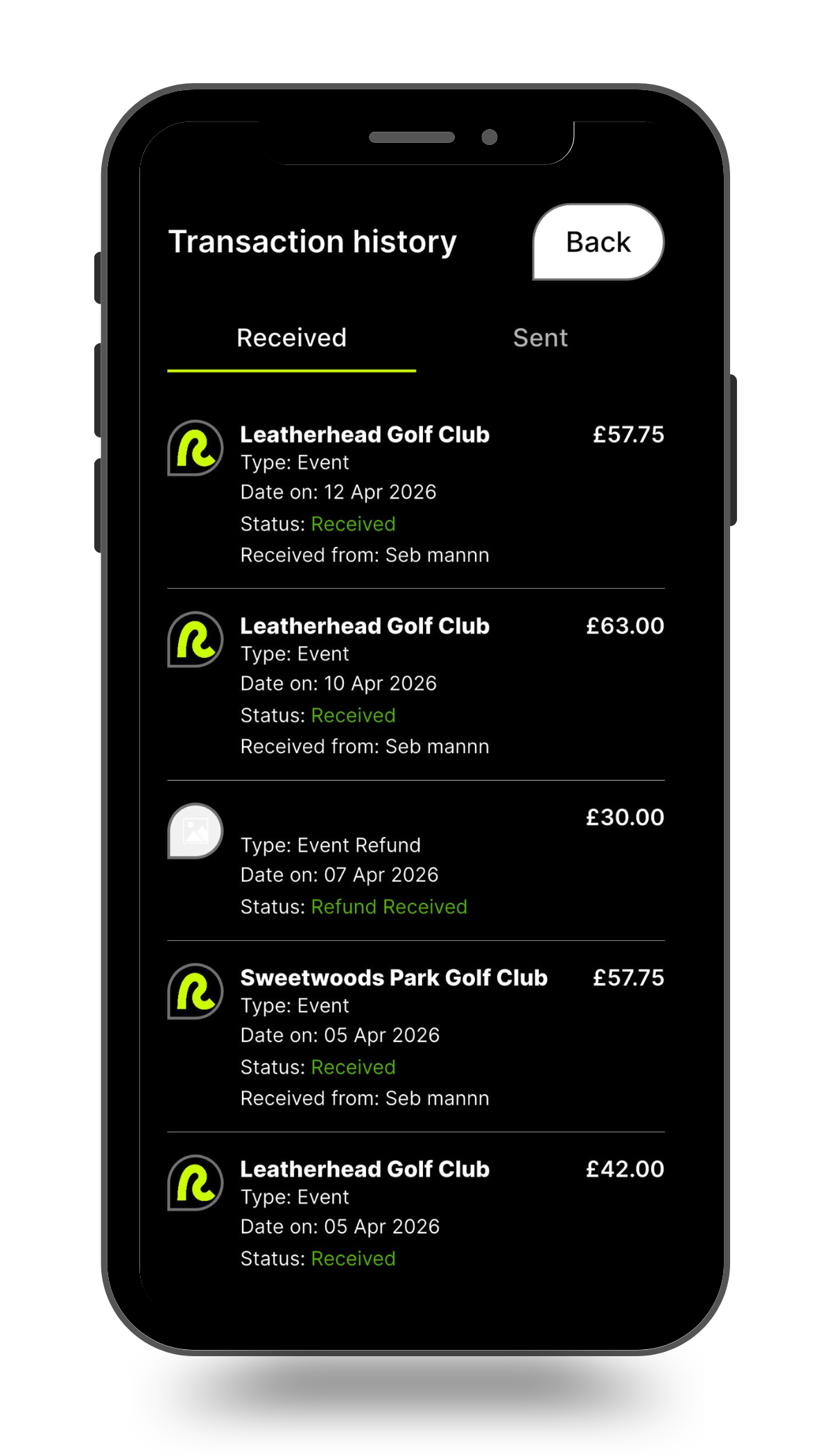 A mobile phone screen on RiddyGolf that helps organisers track payments for each event.