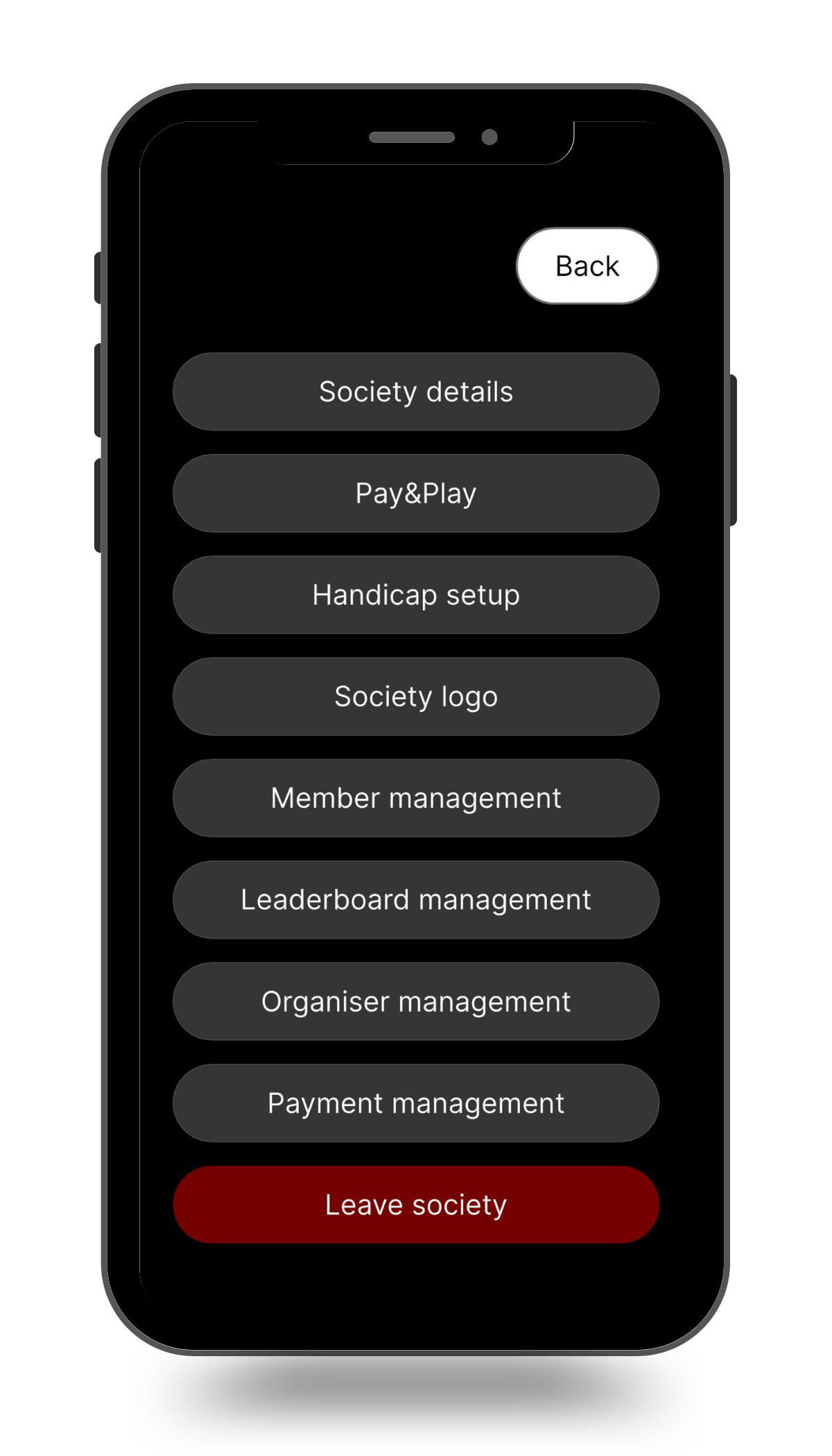 A smartphone displaying RiddyGolf with society details, pay & play, handicap setup, society logo, member management, leaderboard management, organiser management, payment management options for organiers.