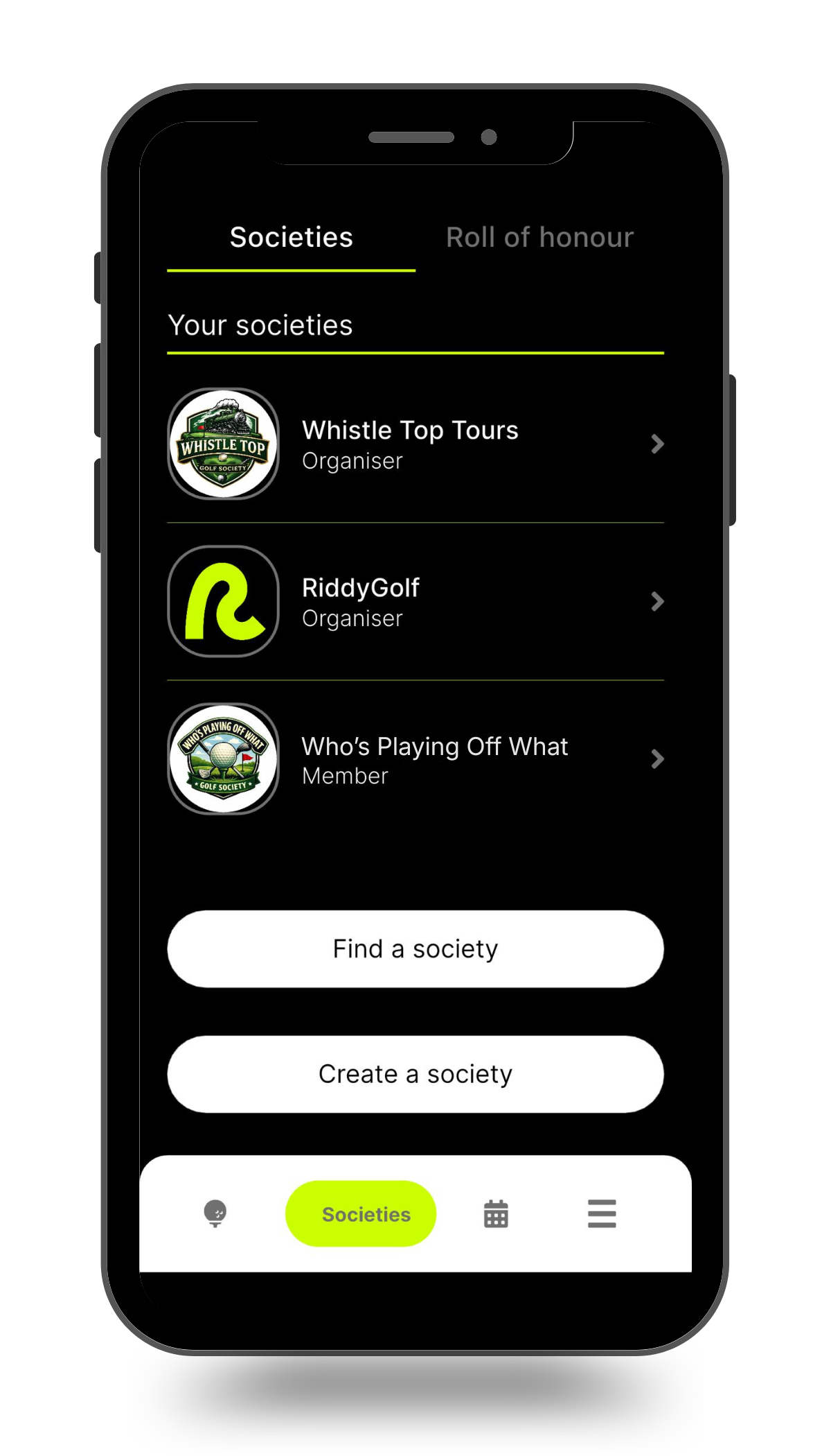 A smartphone screen displaying RiddyGolf, with society set up options for organisers.
