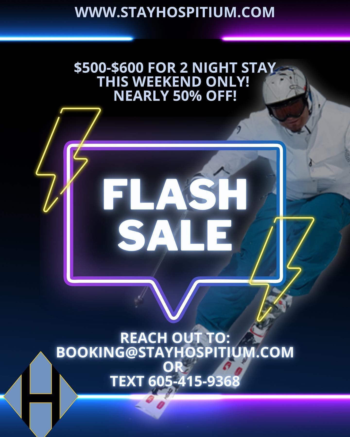 FLASH SALE! This weekend ONLY! Reach out to us today and we can get you scheduled for check in tomorrow! Crazy deal! Go enjoy time with your family and hit the slopes at Terry Peak! Call/Text/Email to get booking organized. We have cabin options! 
#s