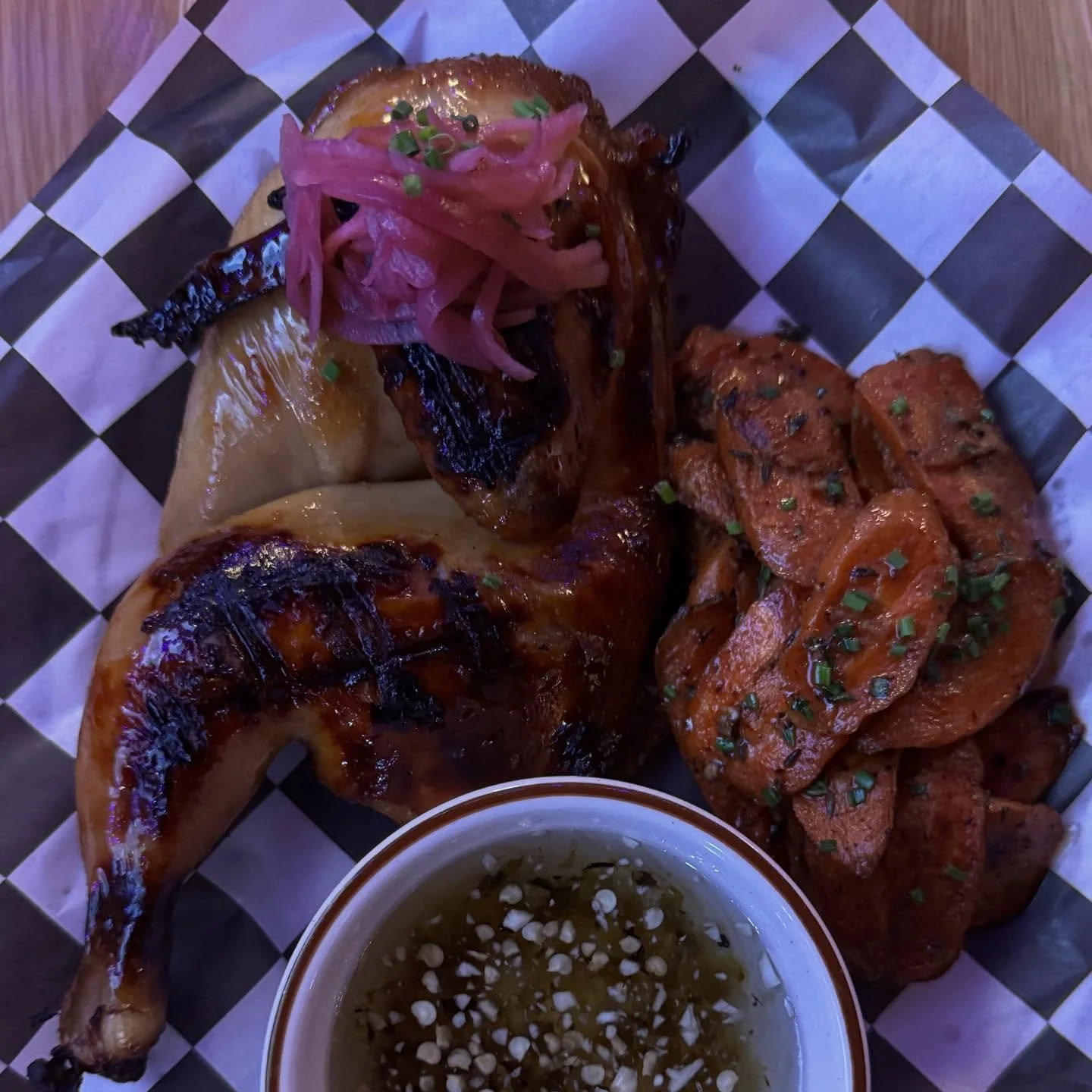 Thai Street Chicken gonna be available until we close, gang!

Part of our dinner menu that feels left out because it was literally left off the dinner portion of the menu :(

Soy-glazed half chicken w/ honey carrots and our sweet/sour for dipping!!