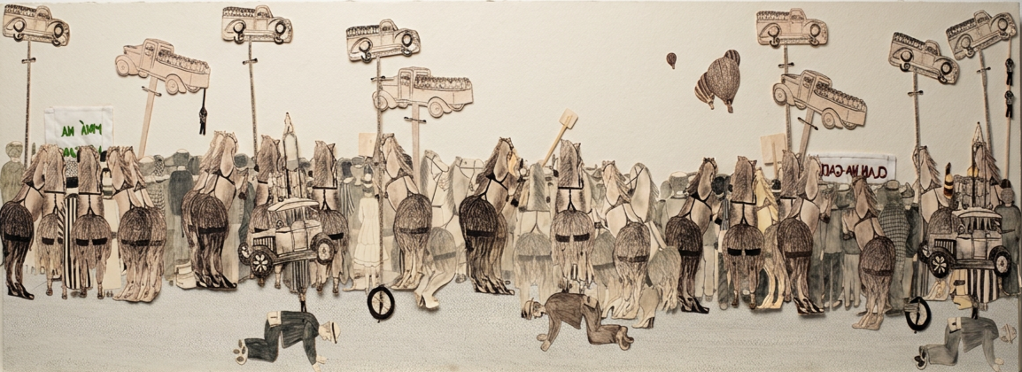 The image is a cartoon western scene of a large crowd with their backs to the viewer.