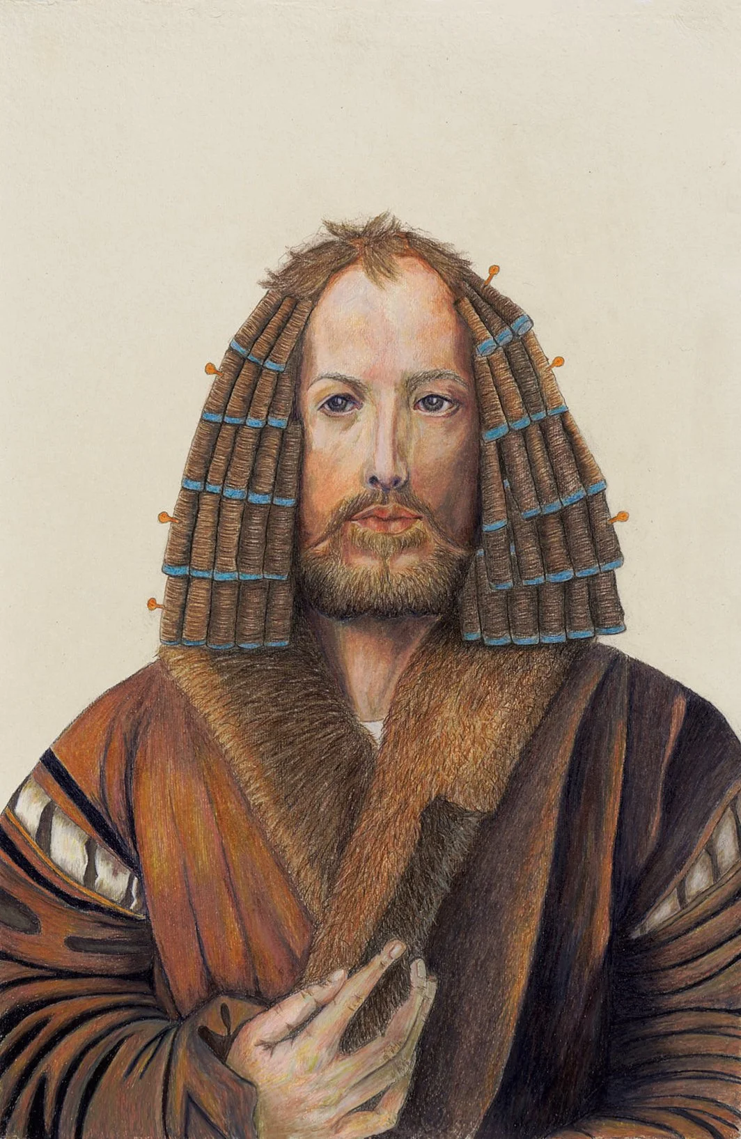 Amanda Jane Graham-'Albrecht Dürer: Spiral Wind.' Colour pencil drawing of Durer self portrait from 1500. Durer wears hair rollers and setting pins.