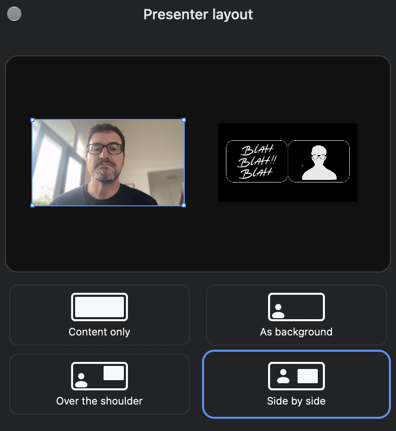 Zoom's Presenter layout menu with Side by side selected, showing my camera next to a slide