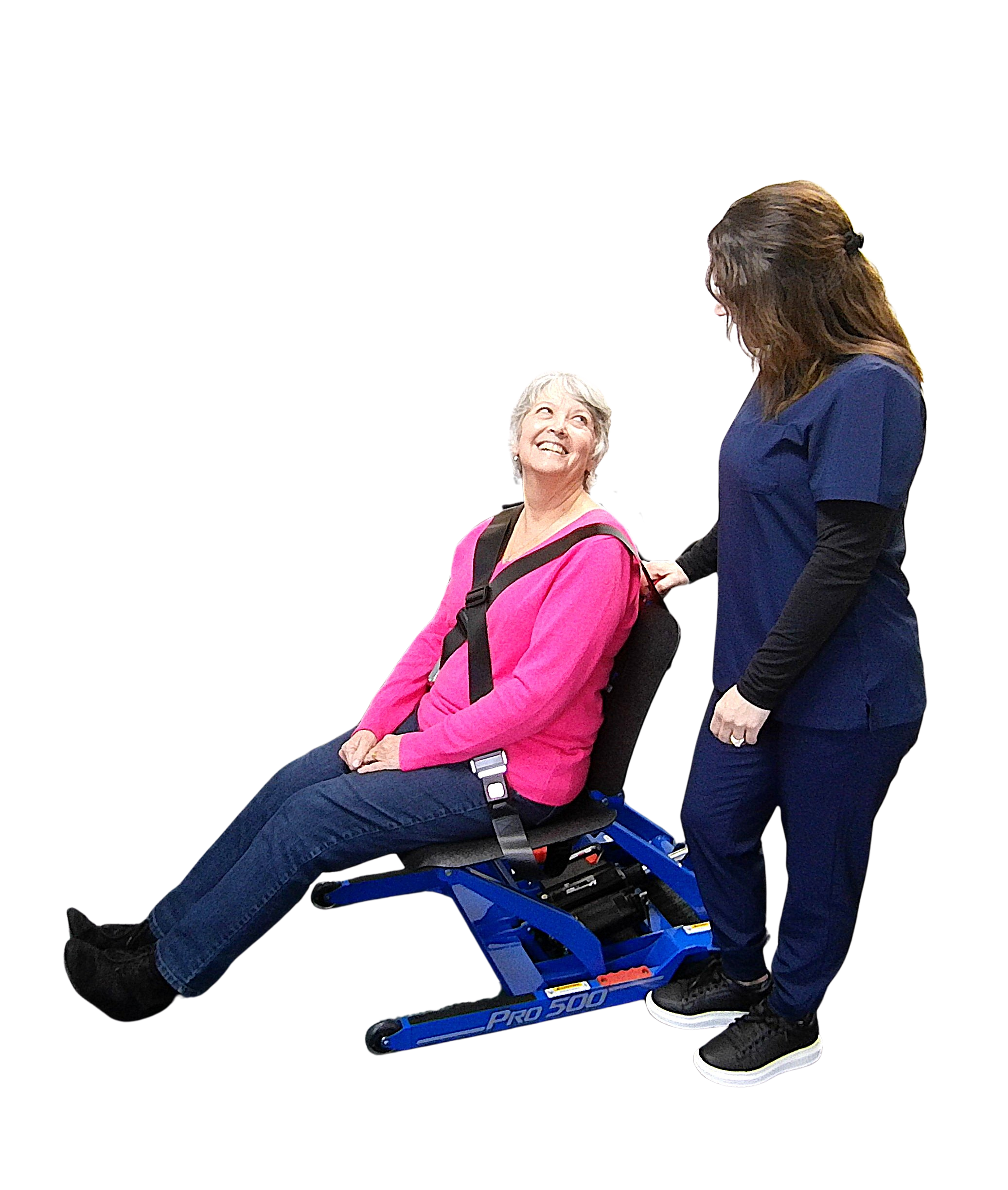 Mechanical fall recovery device lifting elderly woman safely from floor without manual lifting by caregiver