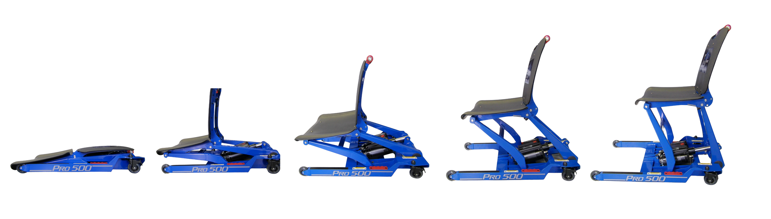 Progression diagram of a blue mechanical chair lifting from flat to upright position.