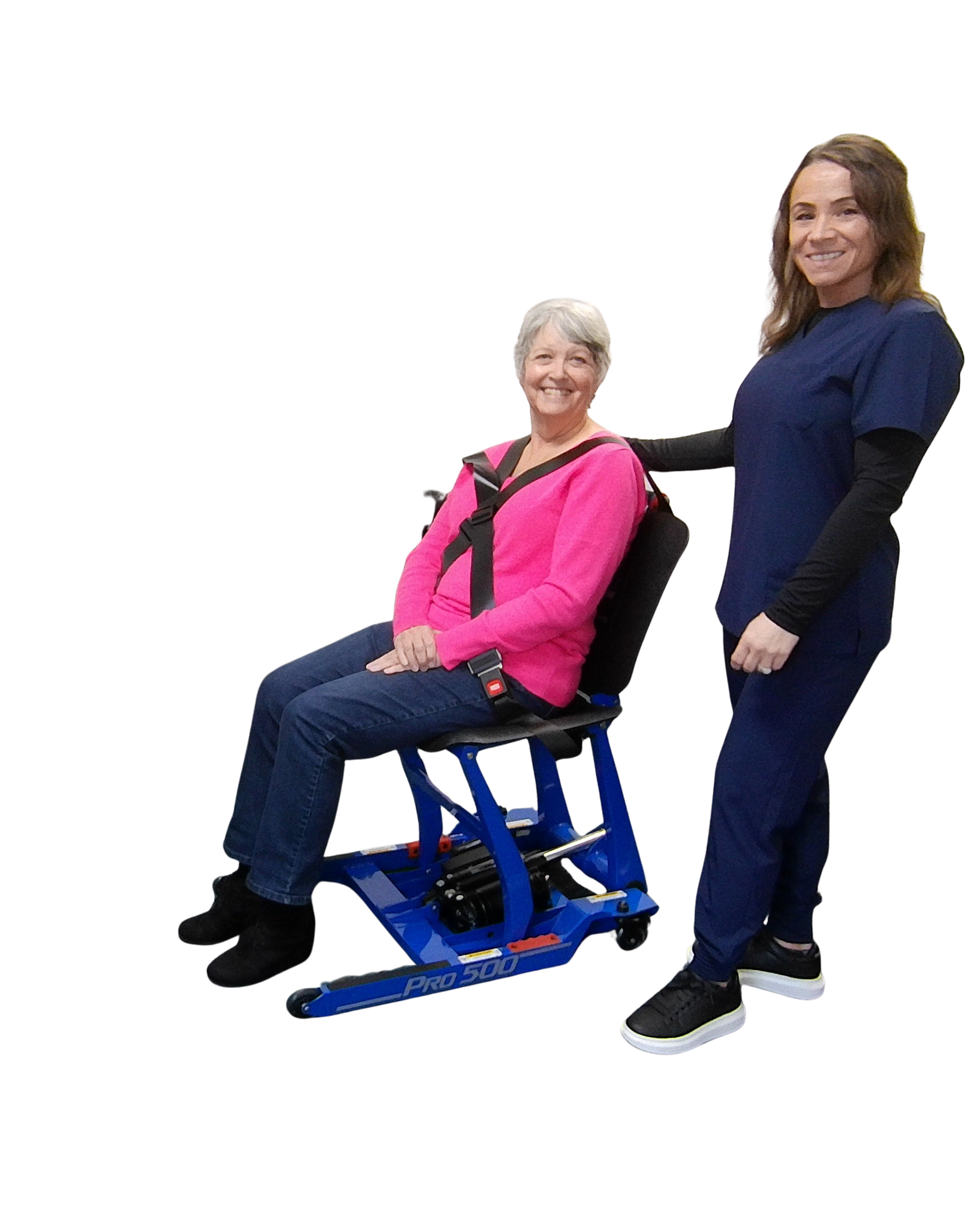 Fall recovery device safely lifting elderly woman to seated position with single caregiver no manual lifting required