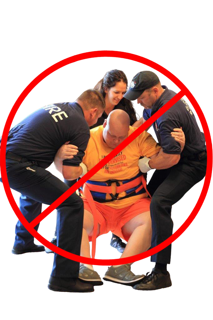 Firefighters manually lifting patient with red prohibition symbol highlighting dangers of manual lift assist and injury risk