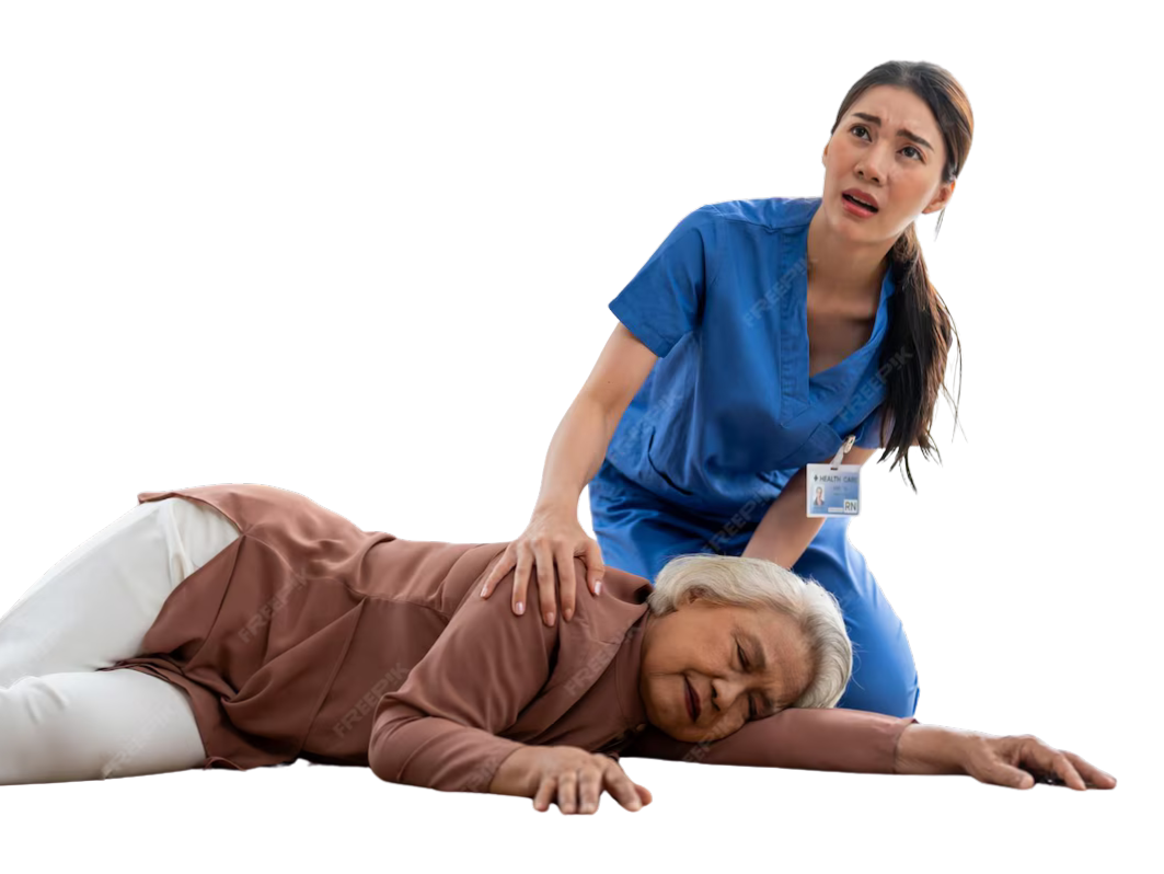Nurse assisting elderly woman after fall on floor highlighting need for safe fall recovery device and lift assist equipment