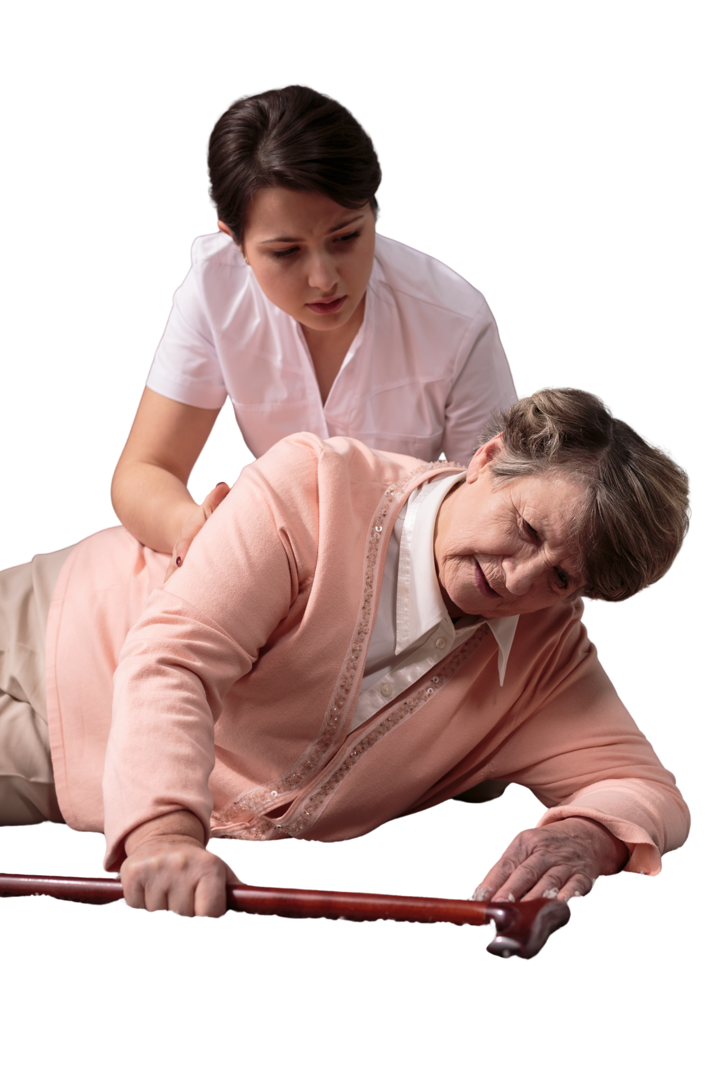 Elderly woman fallen on floor assisted by caregiver highlighting need for safe fall recovery device and lift assist equipment