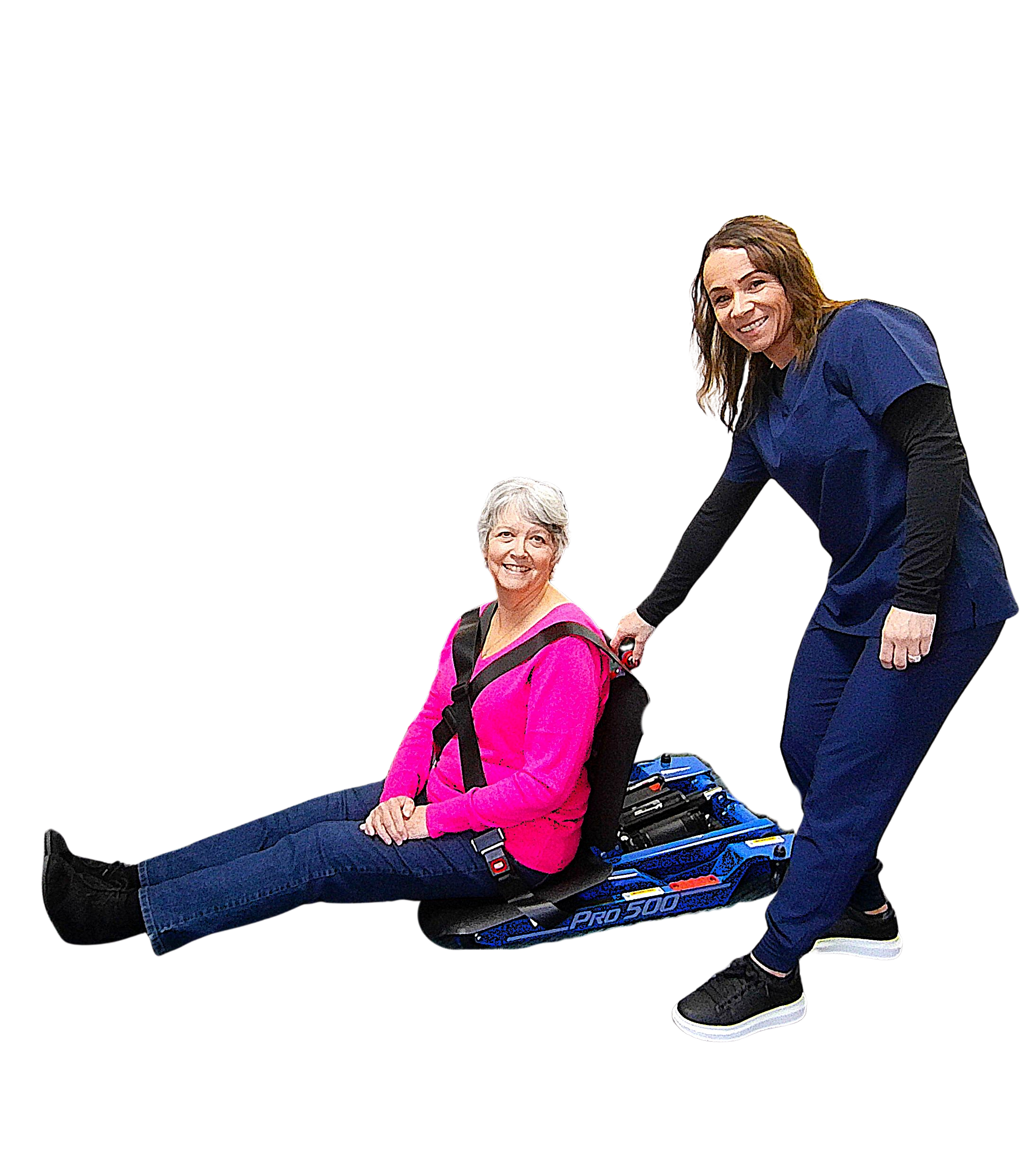 Portable fall recovery device lifting elderly woman from floor with no manual lifting in assisted living setting