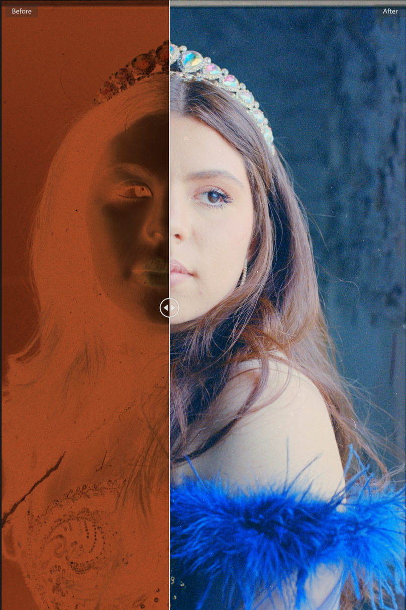 A split image showing a negative filter of a woman on the left and a clear portrait on the right. The woman has long brown hair, a tiara, and blue feather accessories. Downtown Ames, Iowa.