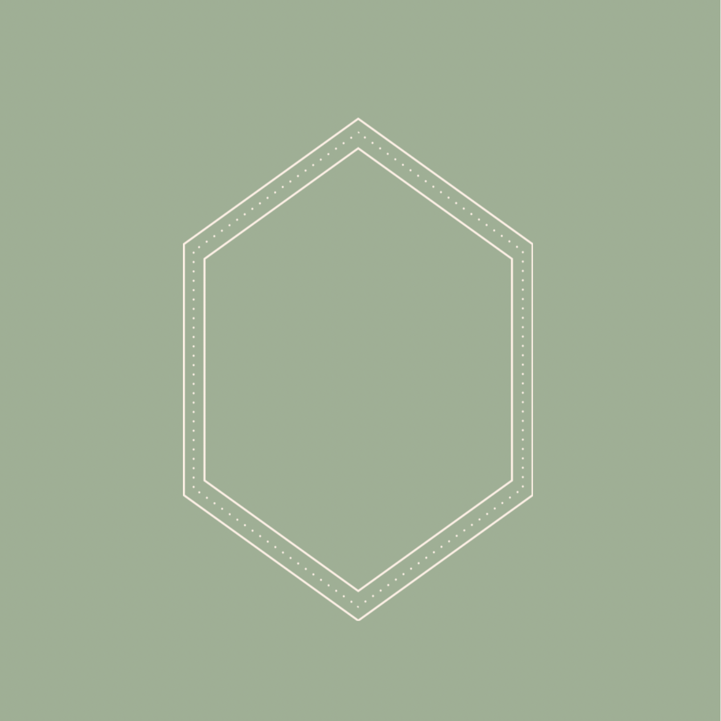 A hexagon-shaped outline with dotted lines inside, on a green gradient background.