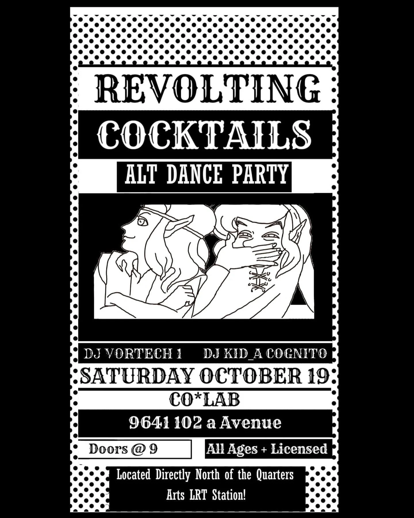 Hey we&rsquo;re having another Revolting Cocktails ALT dance party this month!

We will be holding it on October 19th at 9:00 pm. 
Featuring @djvortect1
@djkid_a_cognito 

This is an all ages event.

#altdj #nightmusic #night #yegnightout #darkdancem