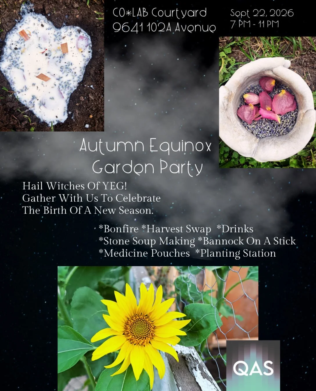 Evening #YEG!

You are cordially invited to our Autumn Equinox
Garden Party on Sept 22nd @ 7 PM - 11 PM. 🌙 🌻

Hail Witches Of YEG!✨

Gather With Us To Celebrate The Birth Of A New Season.

*Bonfire 
*Harvest Swap 
*Drinks
*Stone Soup Making (bring 