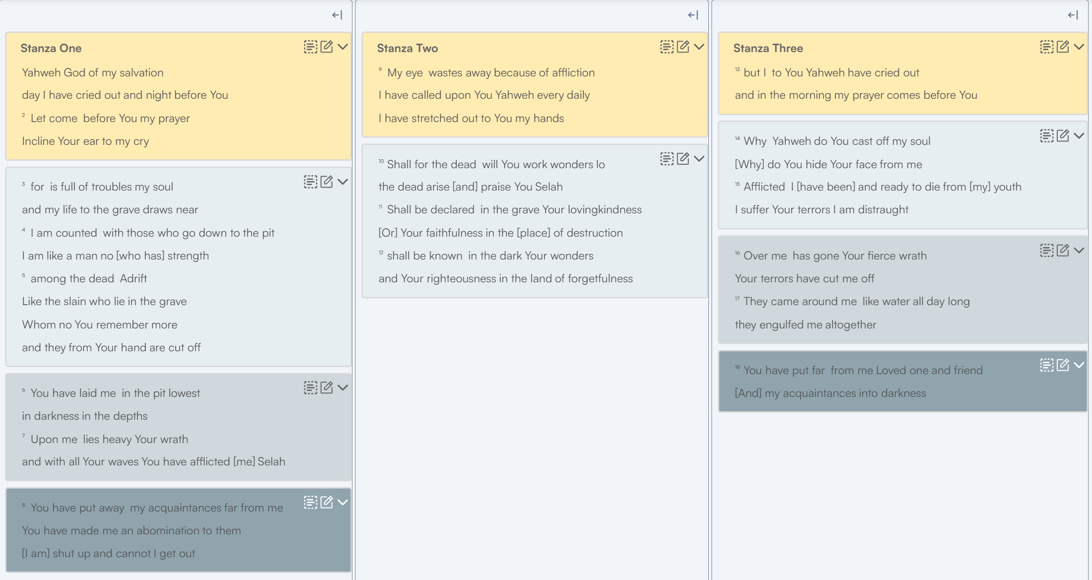 A digital screenshot of a written poem divided into three columns, labeled 'Stanza One,' 'Stanza Two,' and 'Stanza Three.' The poem reflects themes of suffering, faith, and longing, addressed to Yahweh, with some sections highlighted in yellow and blue backgrounds.