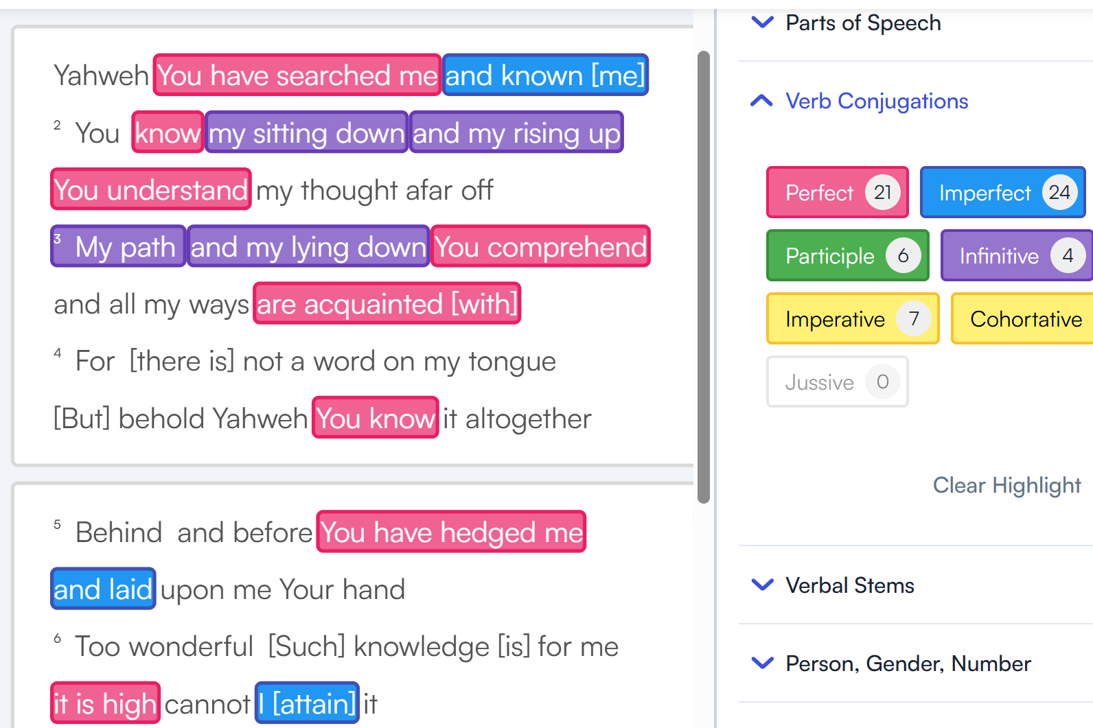 Screenshot of a digital text analysis highlighting parts of speech, including verbs, verb conjugations, and phrases from a biblical passage with various annotations and color-coded labels.