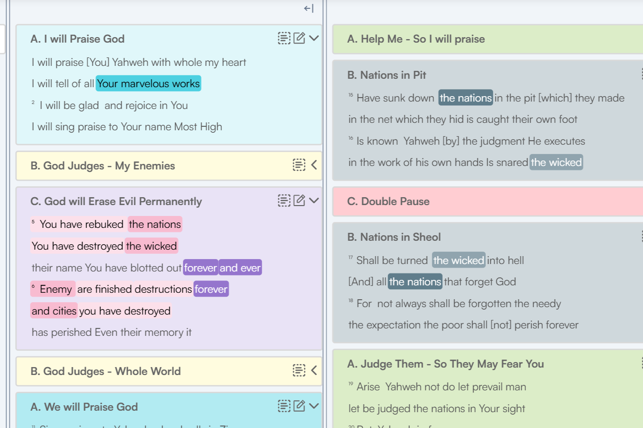 A digital scripture with highlighted verses, including praise, judgment, and prophecy themes from the Book of Psalms.