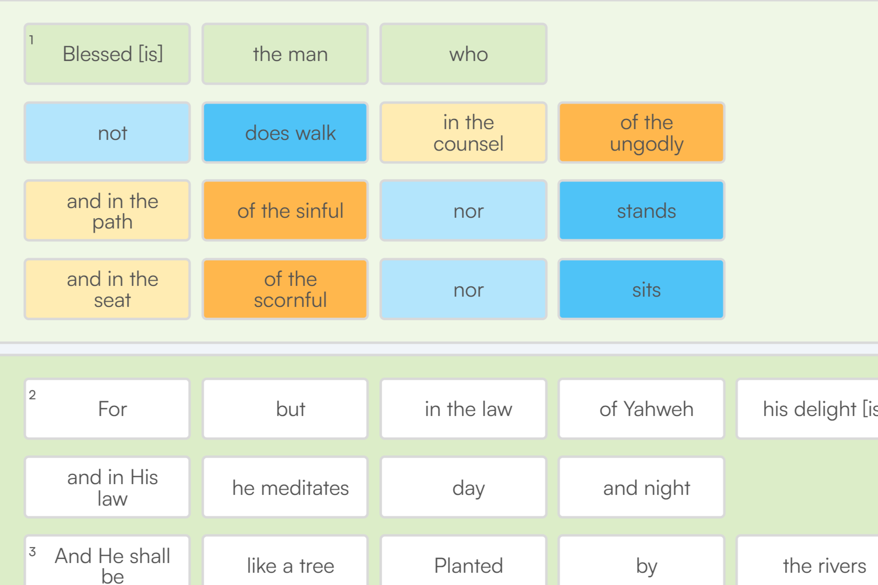 Rows of colored text boxes with parts of biblical verses from Psalm 1, including words like "Blessed is," "does not," "stands," and "sits," laid out on a light green background.