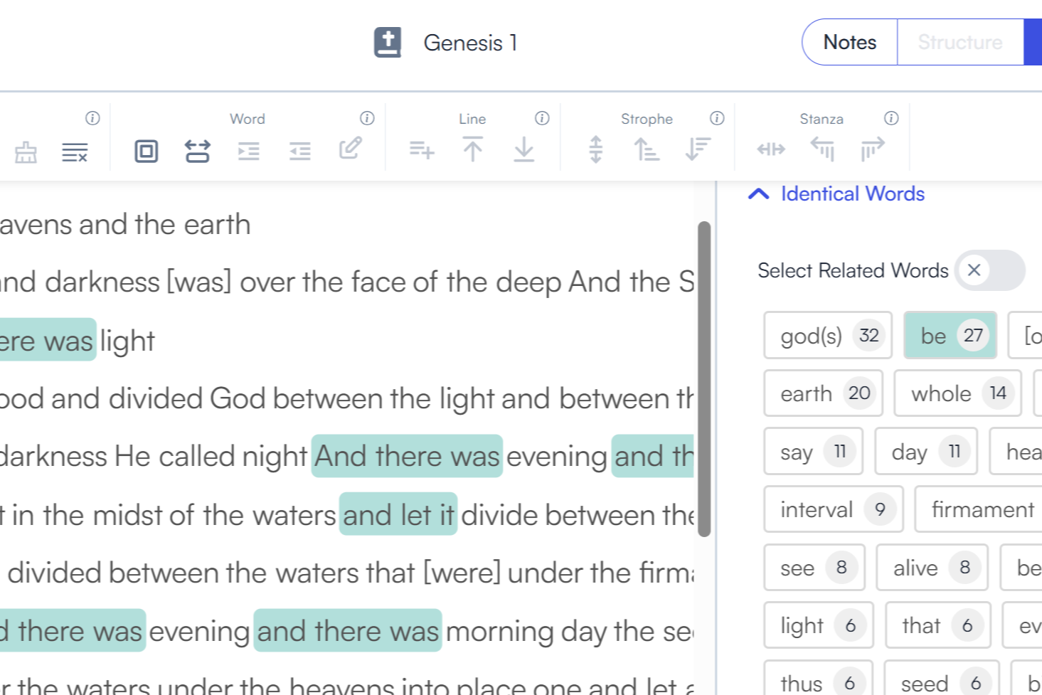Screenshot of a digital text editing tool displaying verses from Genesis 1 with highlighted phrases such as "And there was," "and let it," and "and there was" in blue, along with a sidebar listing related words and their frequencies.