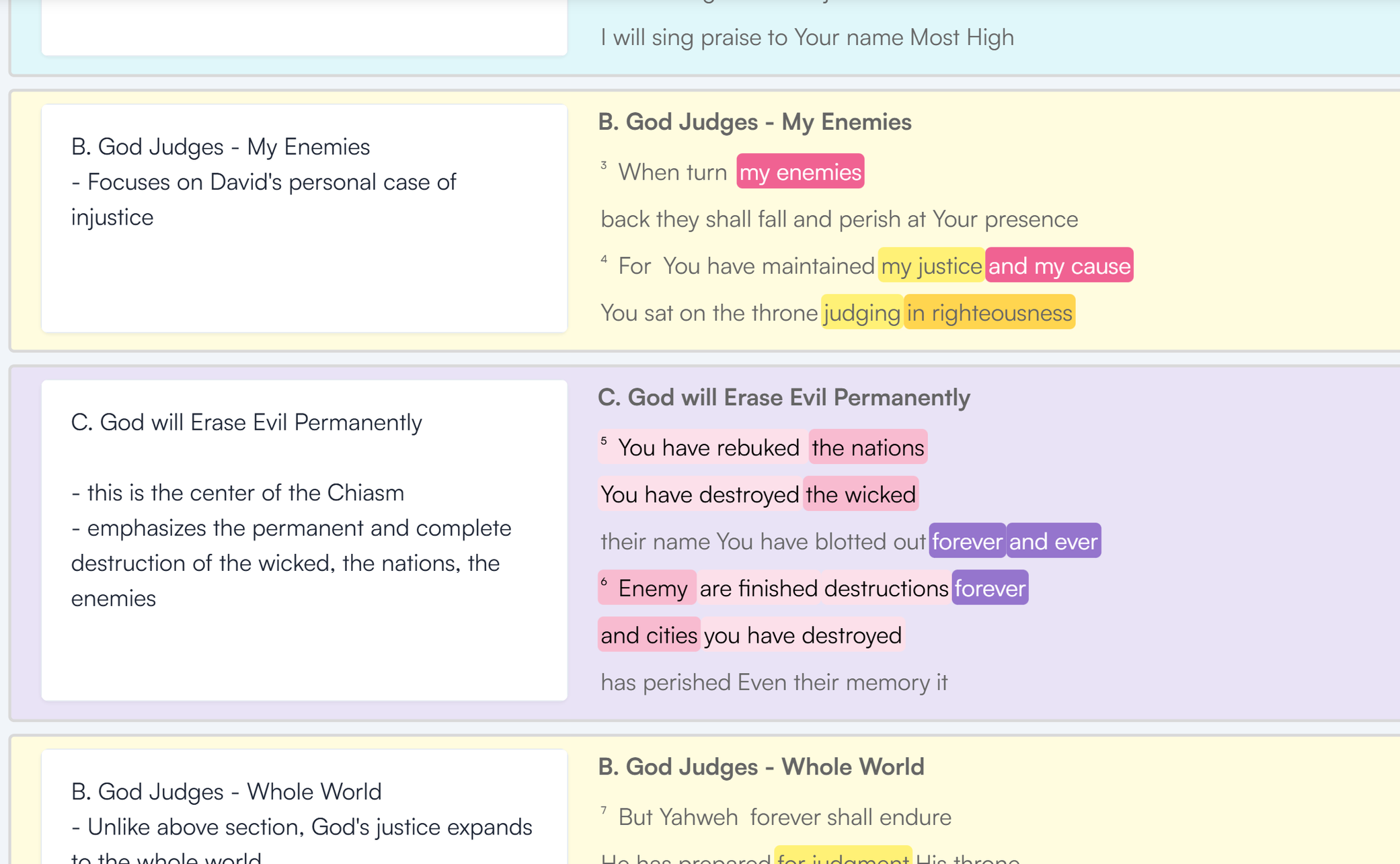 Highlighted Bible verses about God's judgments, enemies, wickedness, and the end of evil, with annotations and color highlights.