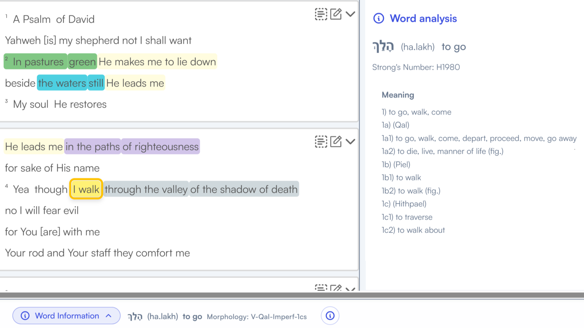 Excerpt from the Bible, Psalm of David, with highlighted words and phrases and a with a word analysis panel on the right, including the Hebrew word for "to go" and its meanings and grammatical details.