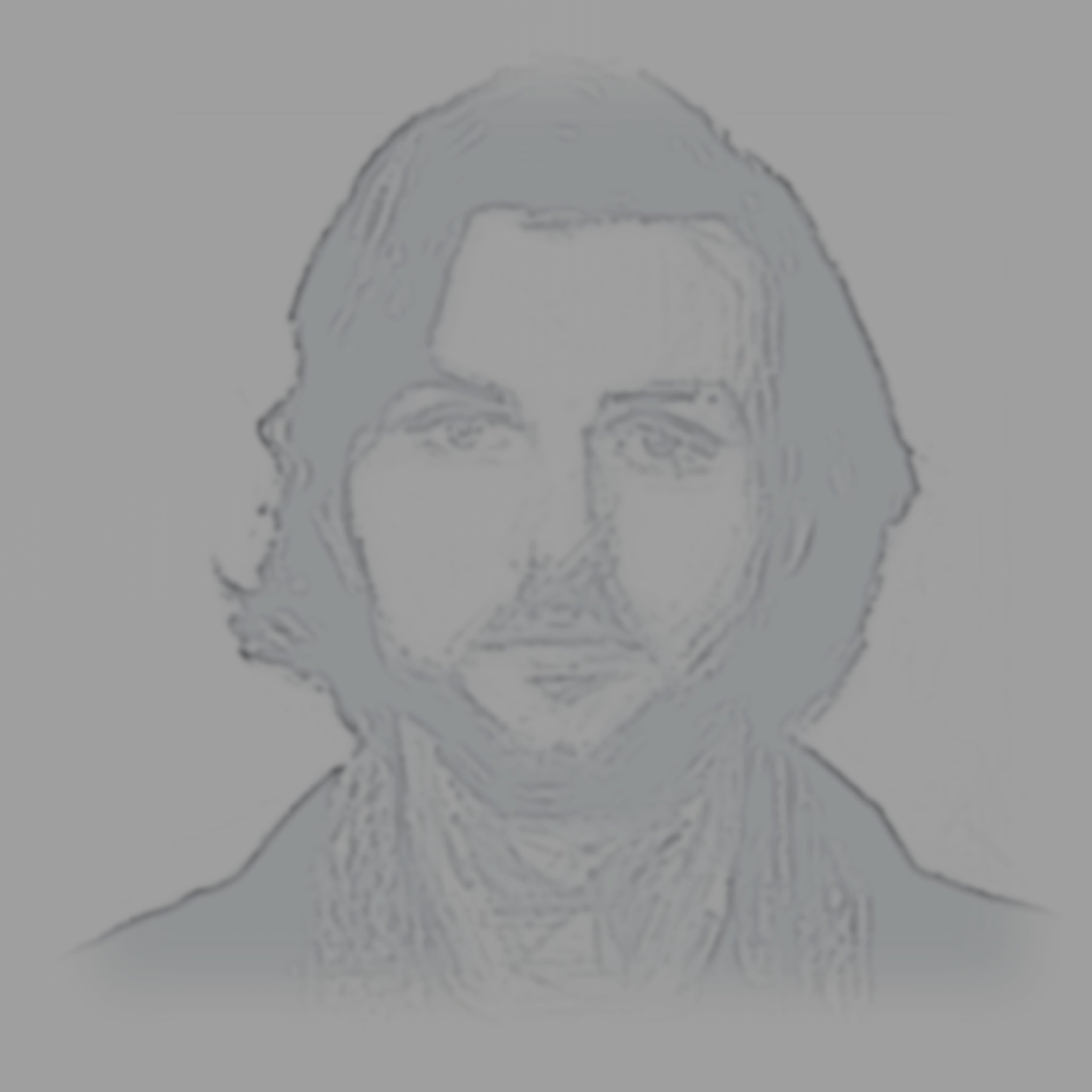 Abstract sketch of a person with long hair and a beard on a gray background.
