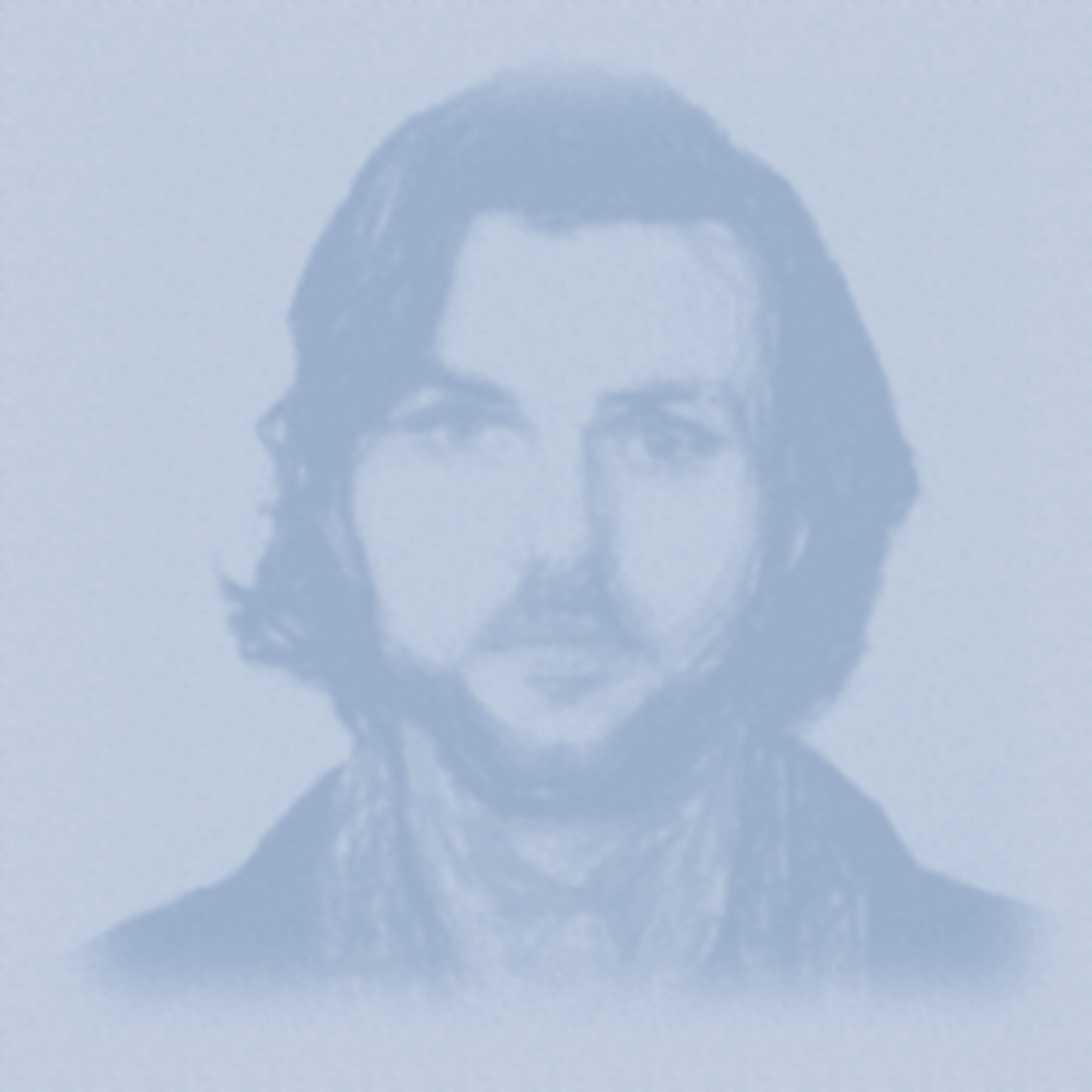Portrait sketch of a man with medium-length hair and a beard on a gray-blue background.