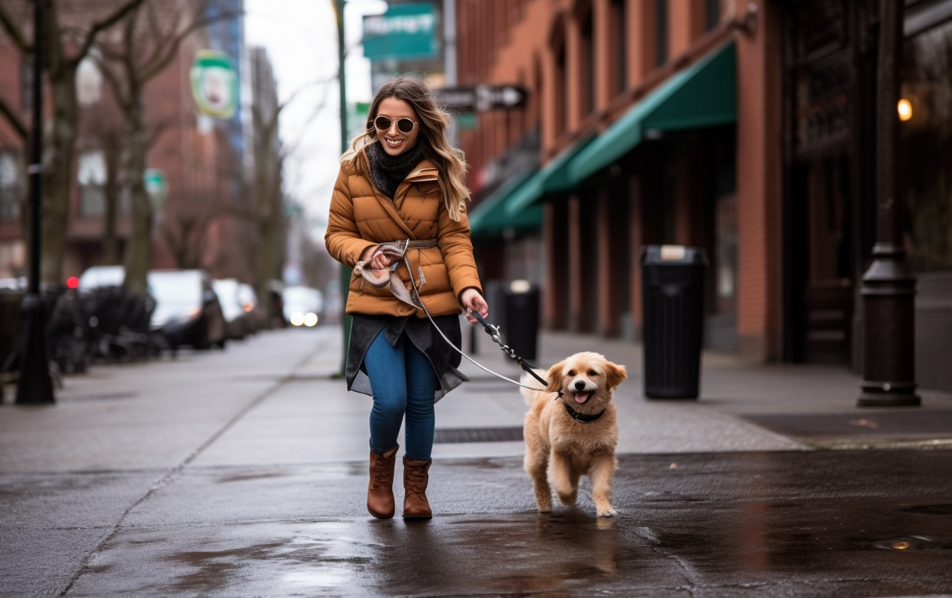 Dog walker walking a dog in Tribeca
