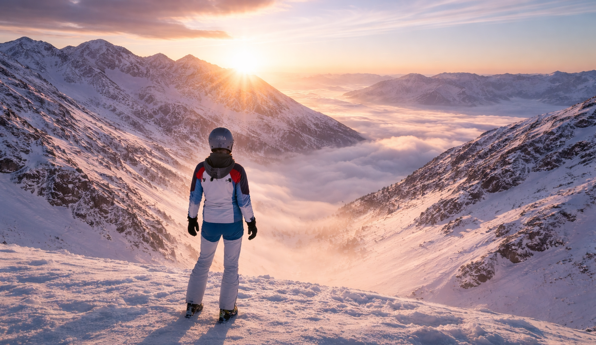 Skier at the top of a beautiful mountain