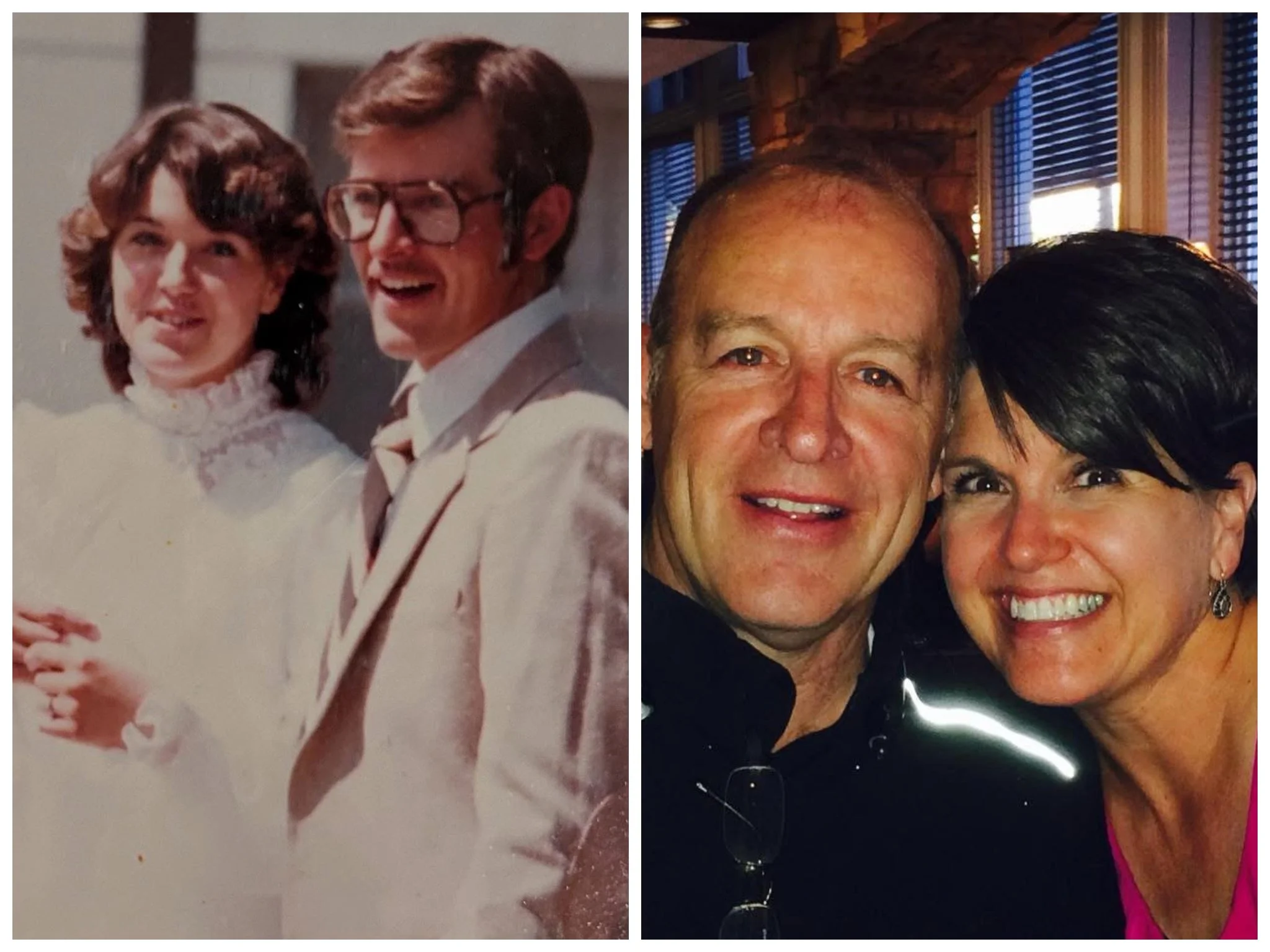 Tami and her husband on their wedding day and later on their anniversary