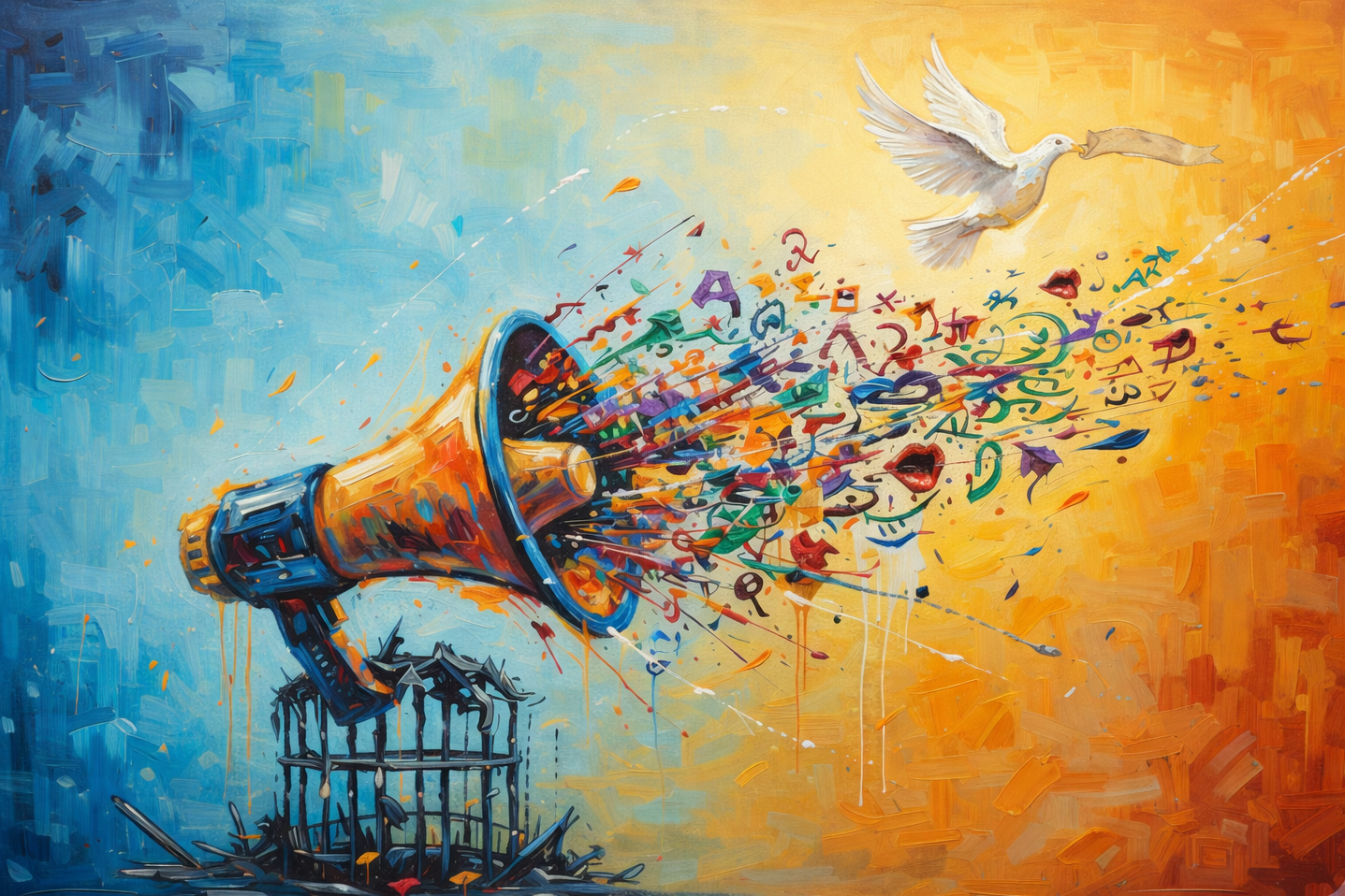 Painting of a dove above a broken cage with words and confetti coming out of a megaphone