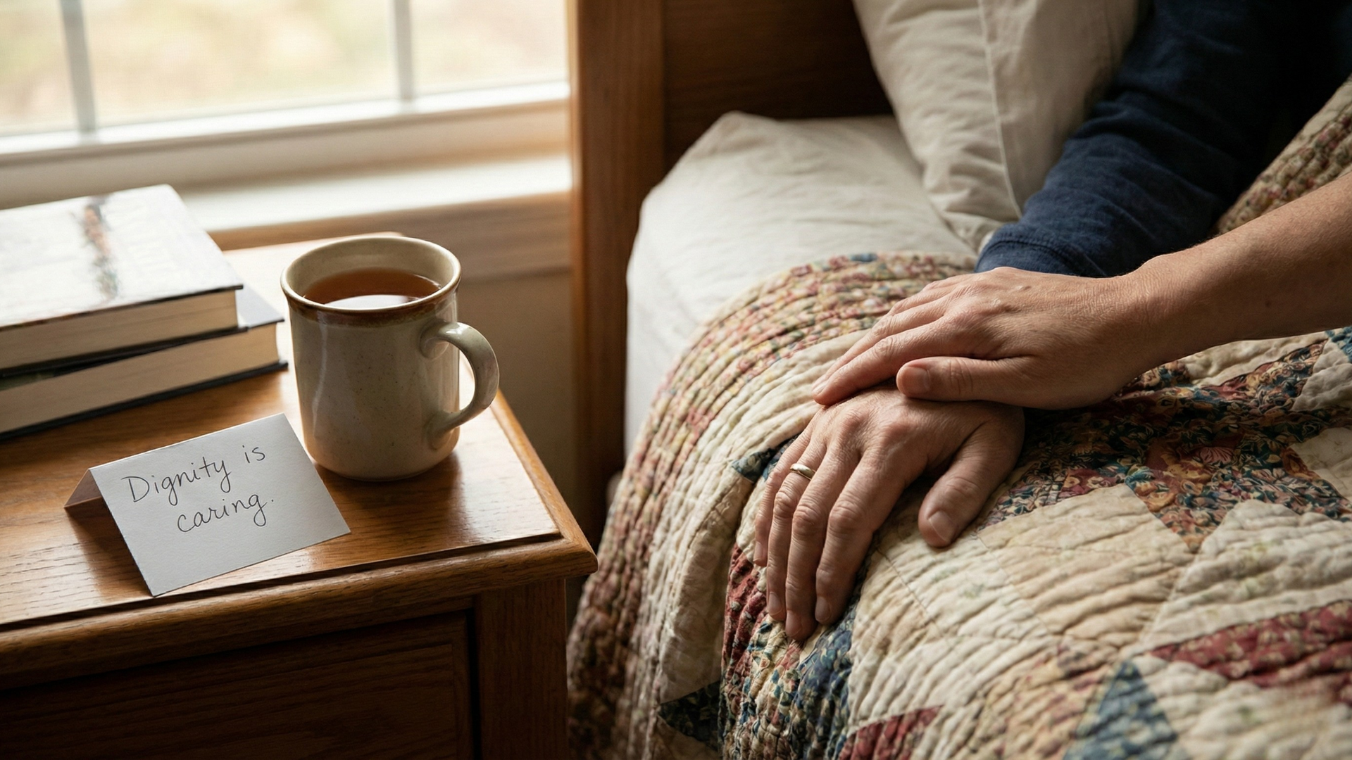 Two hands clasped at the edge of a bed with a note reading "dignity is caring" on a bedside table