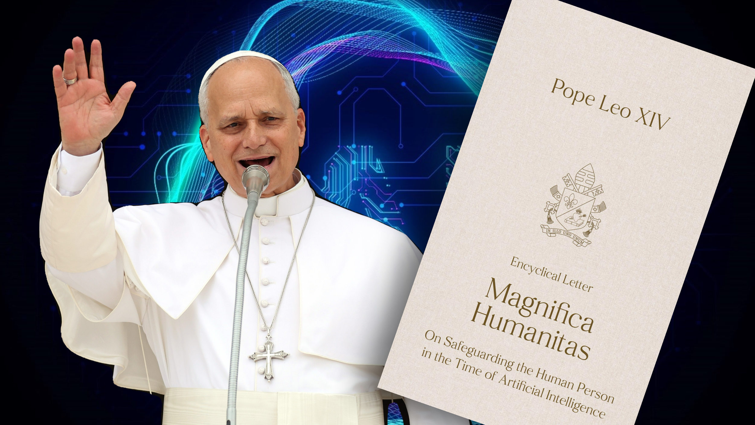 A man dressed in white robes with a cross necklace and a ring on his finger, speaking into a microphone and raising his hand, with a digital background and a book titled 'Pope Leo XIV' on the right side.