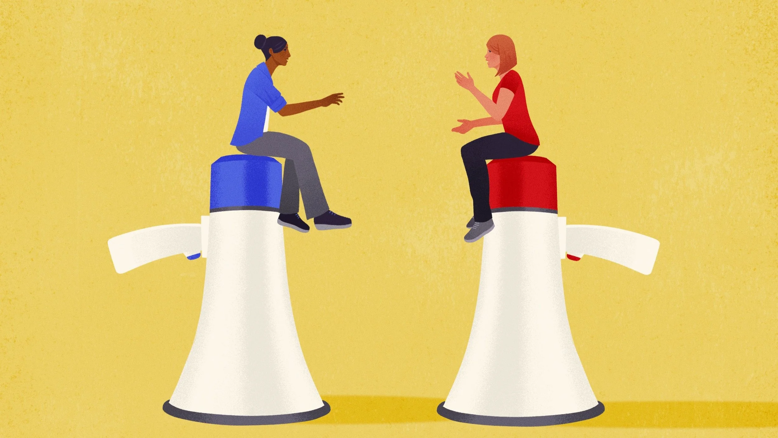 Open discussion between two women sitting on megaphones in blue and red