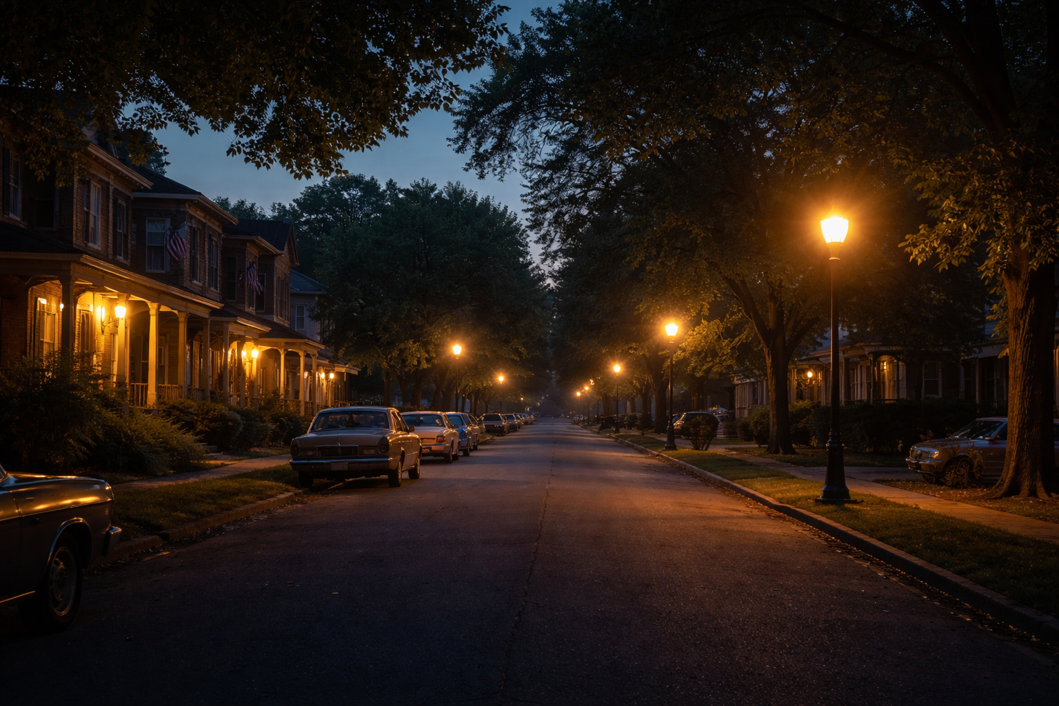 Street lamps lighting a neighborhood street at night