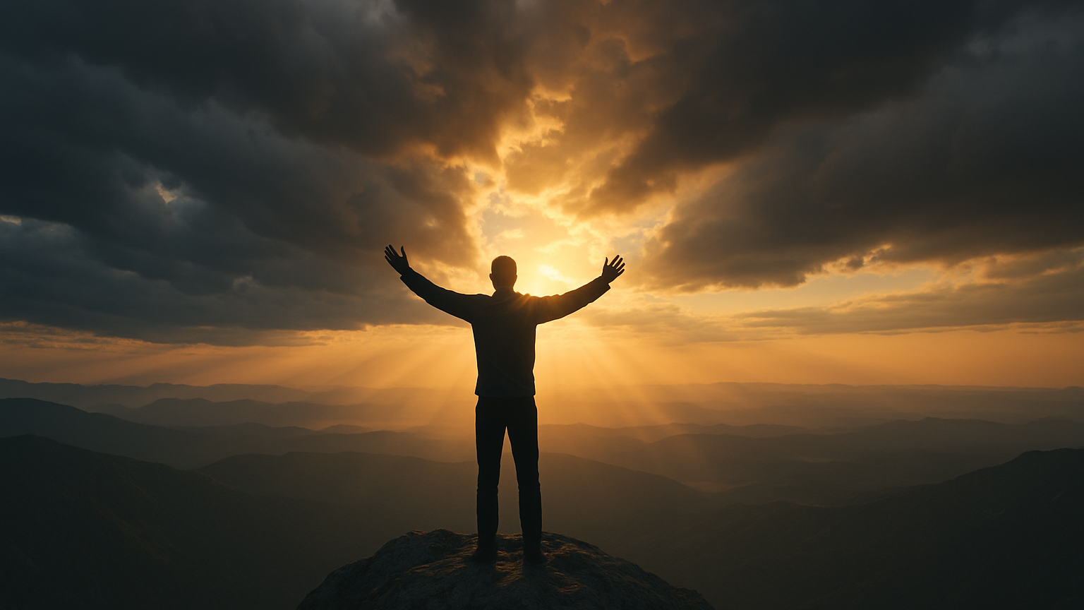 Person standing on a mountain silhouetted by the sunset